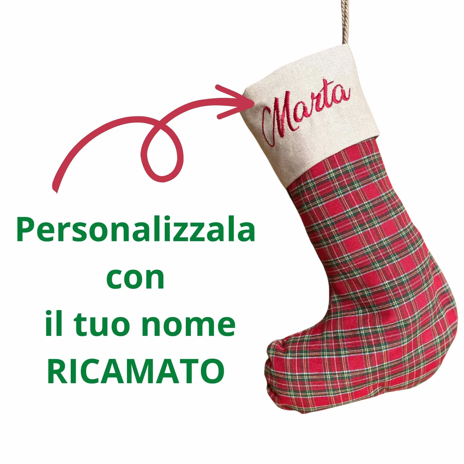 Calza Befana Personalizzata con Nome Ricamato – Calza Natalizia Artigianale in Tartan Rosso