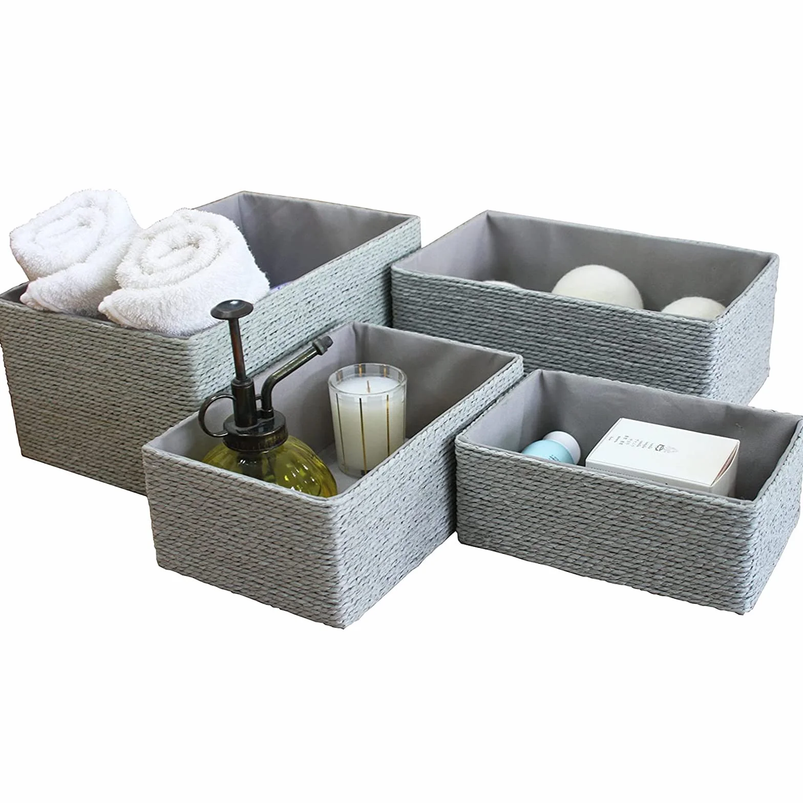 Set di 4 Contenitori a Cubo Impilabili Grigio per Armadi e Cassetti LJM Cesti Organizzatori