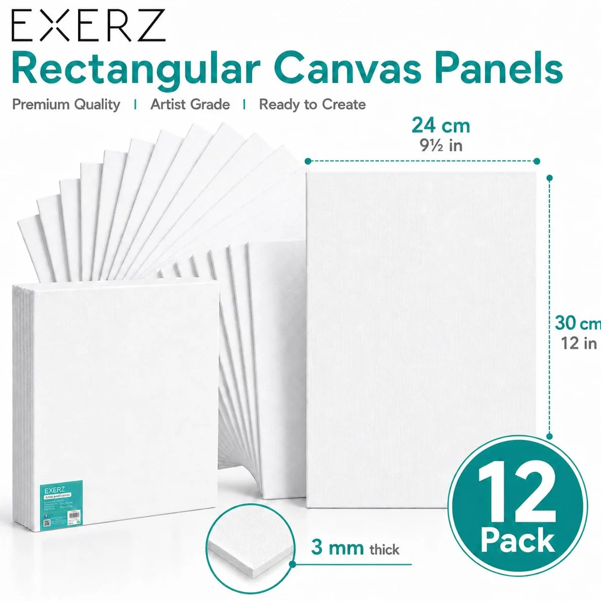Exerz Pannelli in Tela 24x30 cm 12pz, Spessore 3 mm, 100% Cotone, 280g/m², Tripla Preparazione, Senza Acidi, Grana Media, per Pittura a Olio e Acrilico