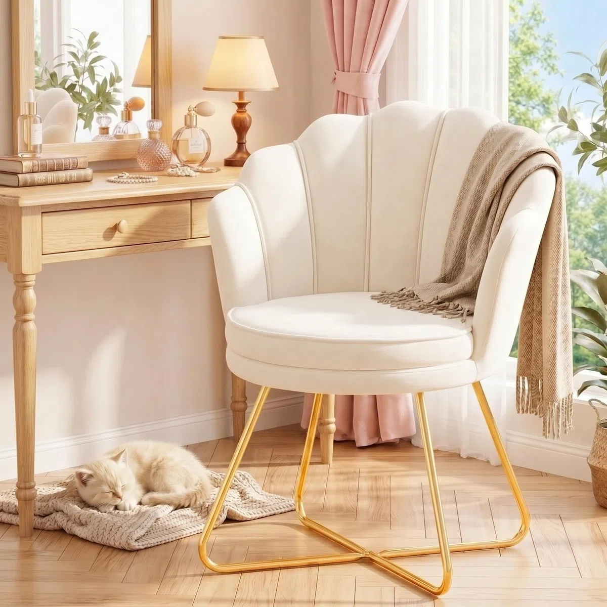 Hellove Sedia Trucco, Poltrona Conchiglia in Velluto con Placcato Oro Metallo Gambe, Moderno Poltrona Salotto con Seduta Morbida Imbottita per Camera da letto/Soggiorno/Vanità, Beige