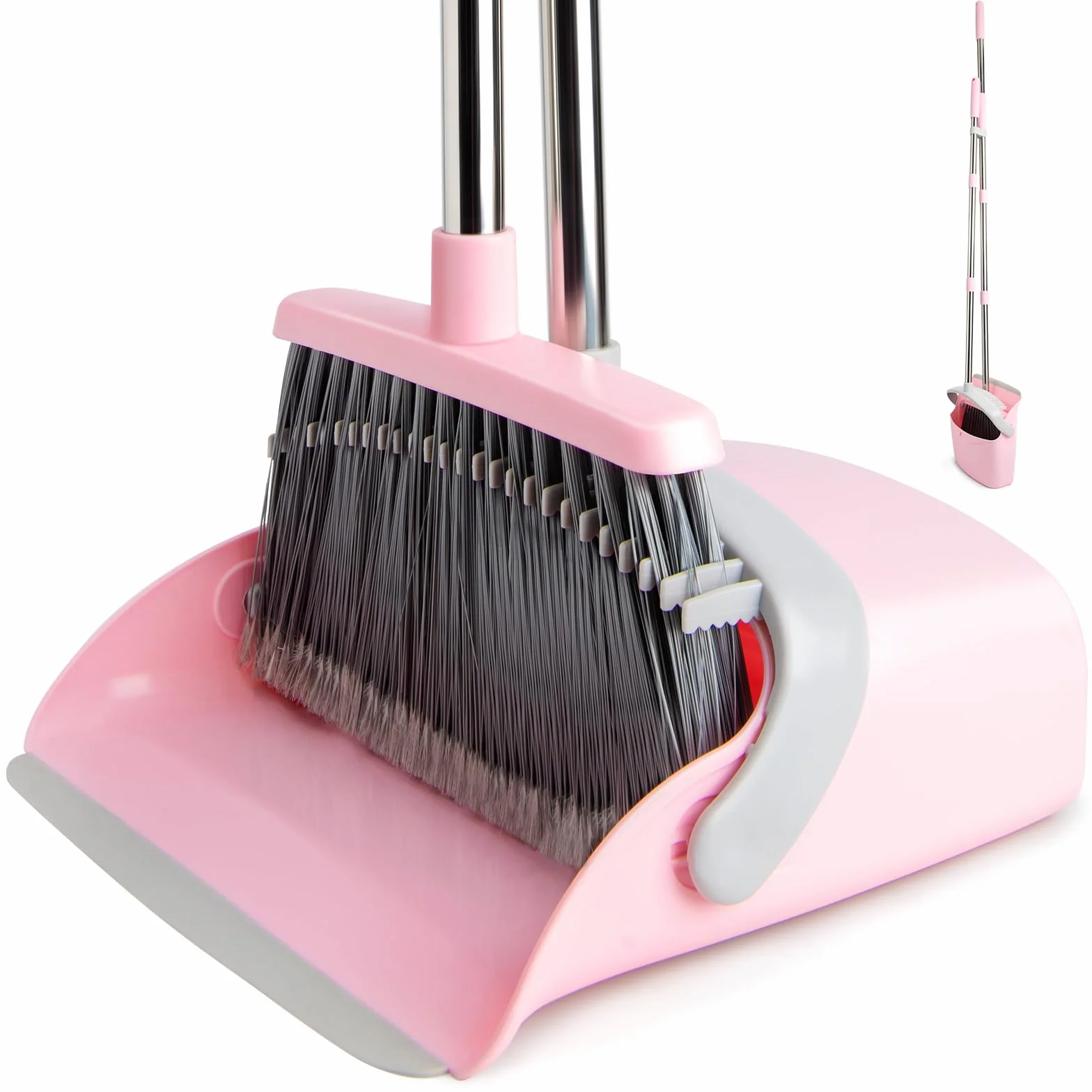 Set di scope e paletta con manico lungo, scopa con paletta, set con manico estraibile, paletta Broom and Dustpan, per la pulizia della casa, ufficio (grigio-rosa)