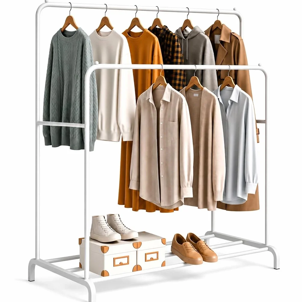 edihome Doppio Appendiabiti da Terra 110 x 150 x 54 cm Metallico con Supporto per Scarpe Bianco