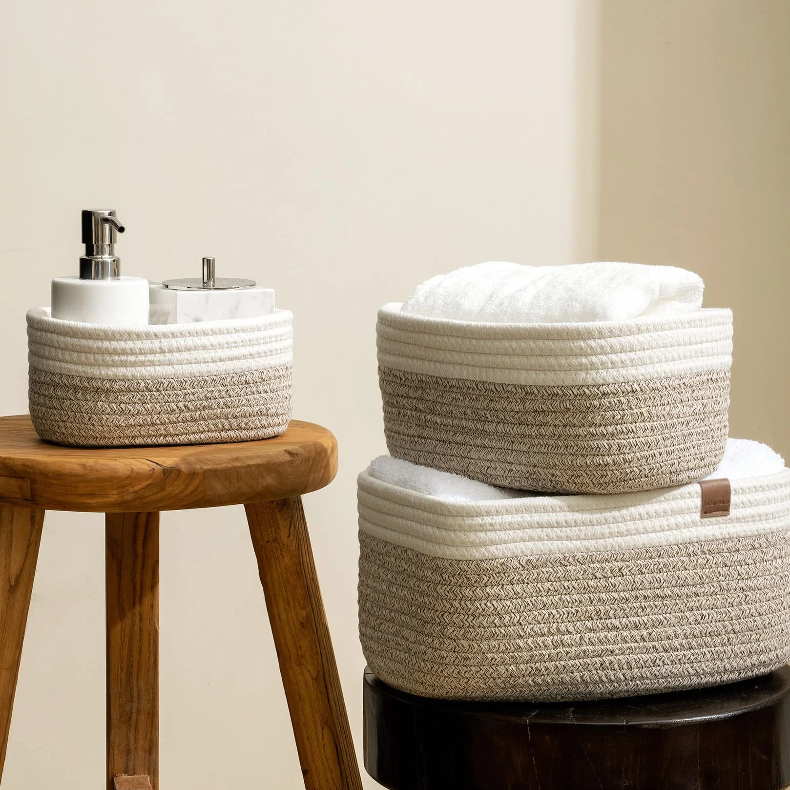 La Jolíe Muse Cesto in Corda di Cotone Cestini Portaoggetti con Manici Set di 3 Bianco Marrone