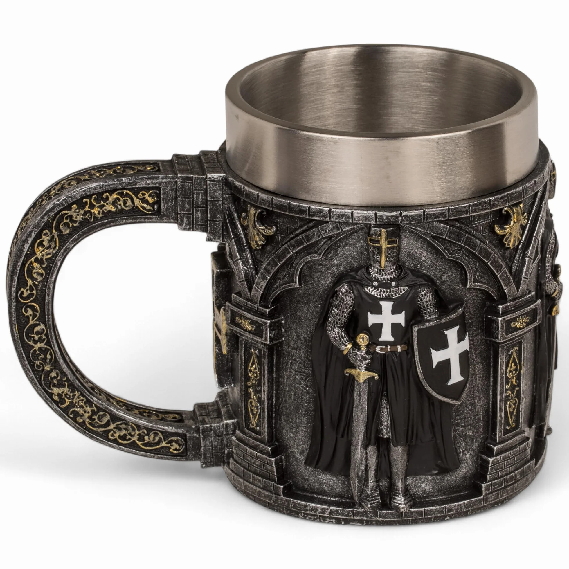 MIJOMA Recipiente da cavaliere con inserto in acciaio inox – rilievo medievale ricco di dettagli in poliresina – decorazione e pezzo da collezione (templari della giustizia, brocca: circa 11 × 9 cm)