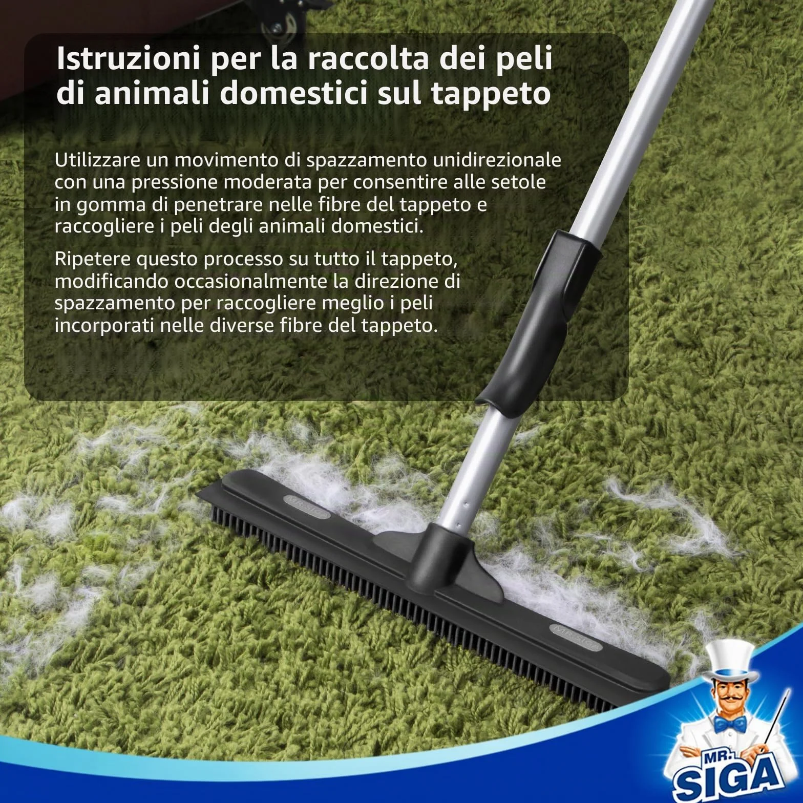 MR.SIGA Scopa in Gomma con Spatola 3 in 1 per Peli di Animali, Spazzola per Tappeti, Manico Regolabile 155 cm, Panno in Microfibra