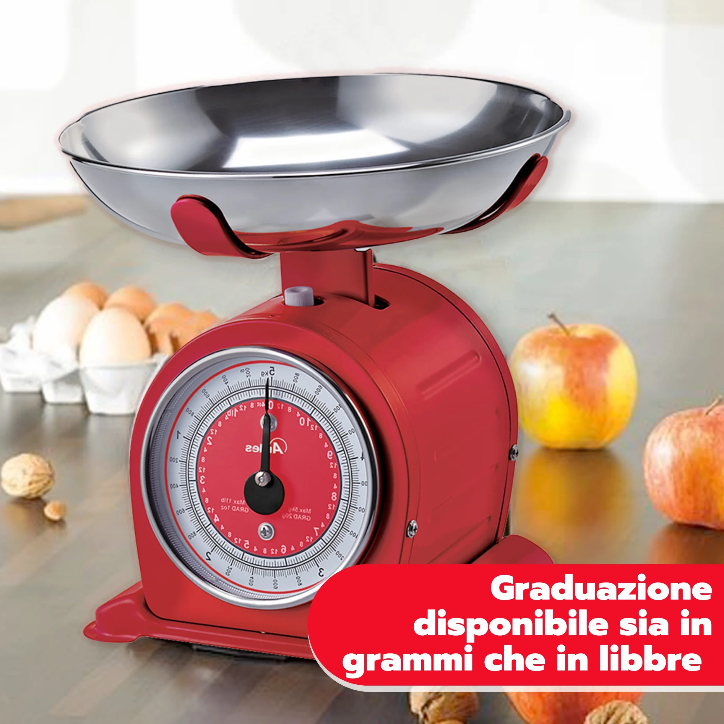 Ardes AR1PA3M Bascula Bilancia da Cucina Meccanica Vintage Style, Ciotola Removibile Acciaio Inox, 5 kg, Rossa