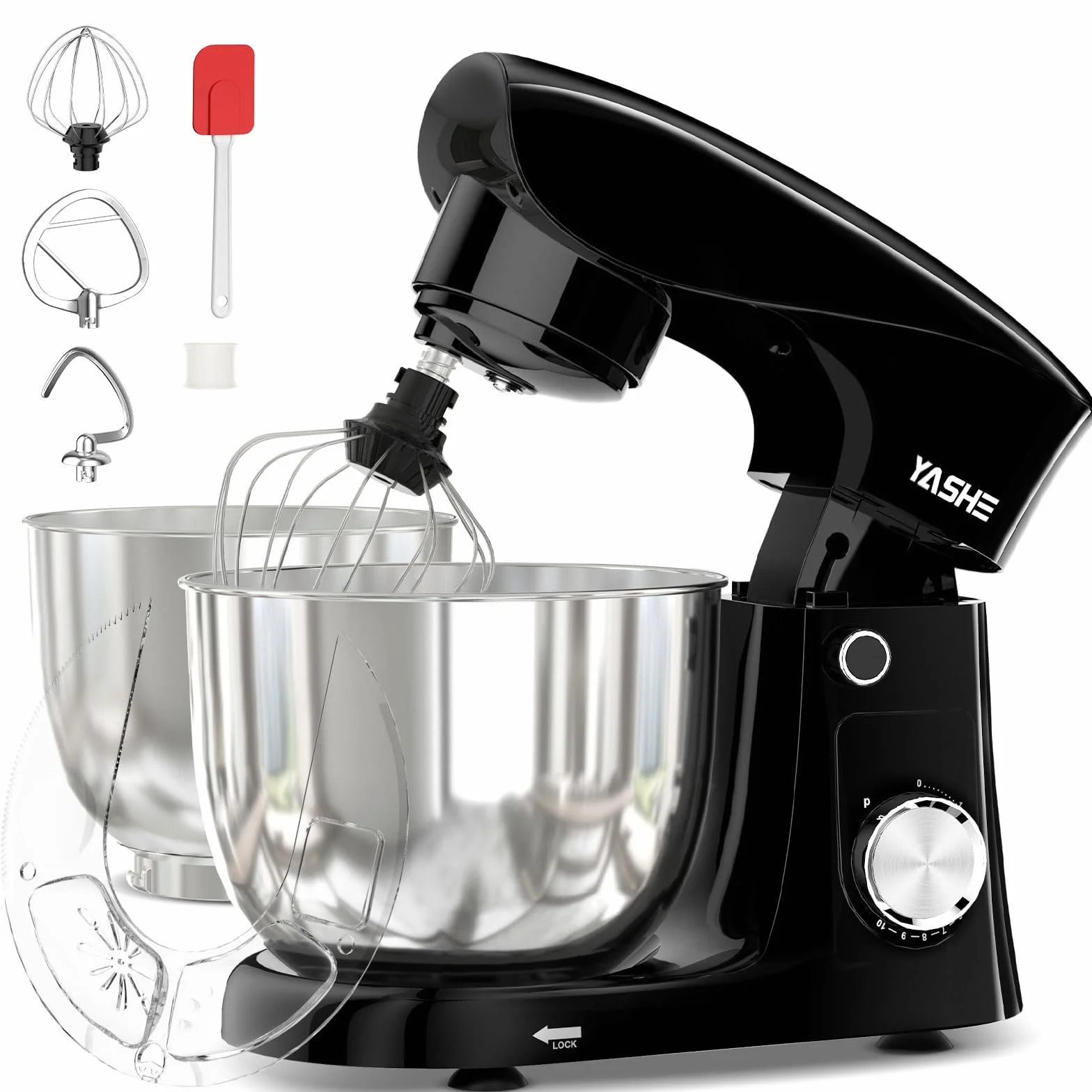 YASHE Impastatrice Planetaria 1500W, 2 Ciotole in Acciaio Inox 4,5L + 5,5L, 10+P Velocità, Testa Inclinabile, con Gancio Impastatore, Frusta e Sbattitore, Nero