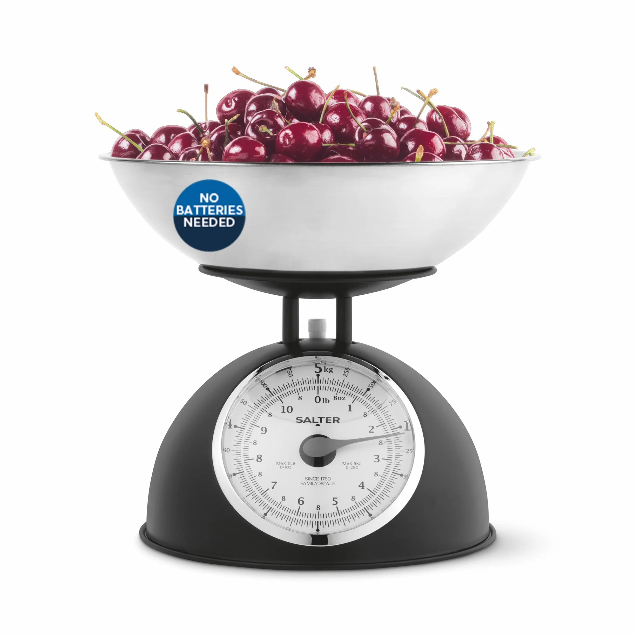 Salter Timeless Bilancia da Cucina Meccanica 5kg, Ciotola Lavabile da 2L, Senza Batterie, Nero