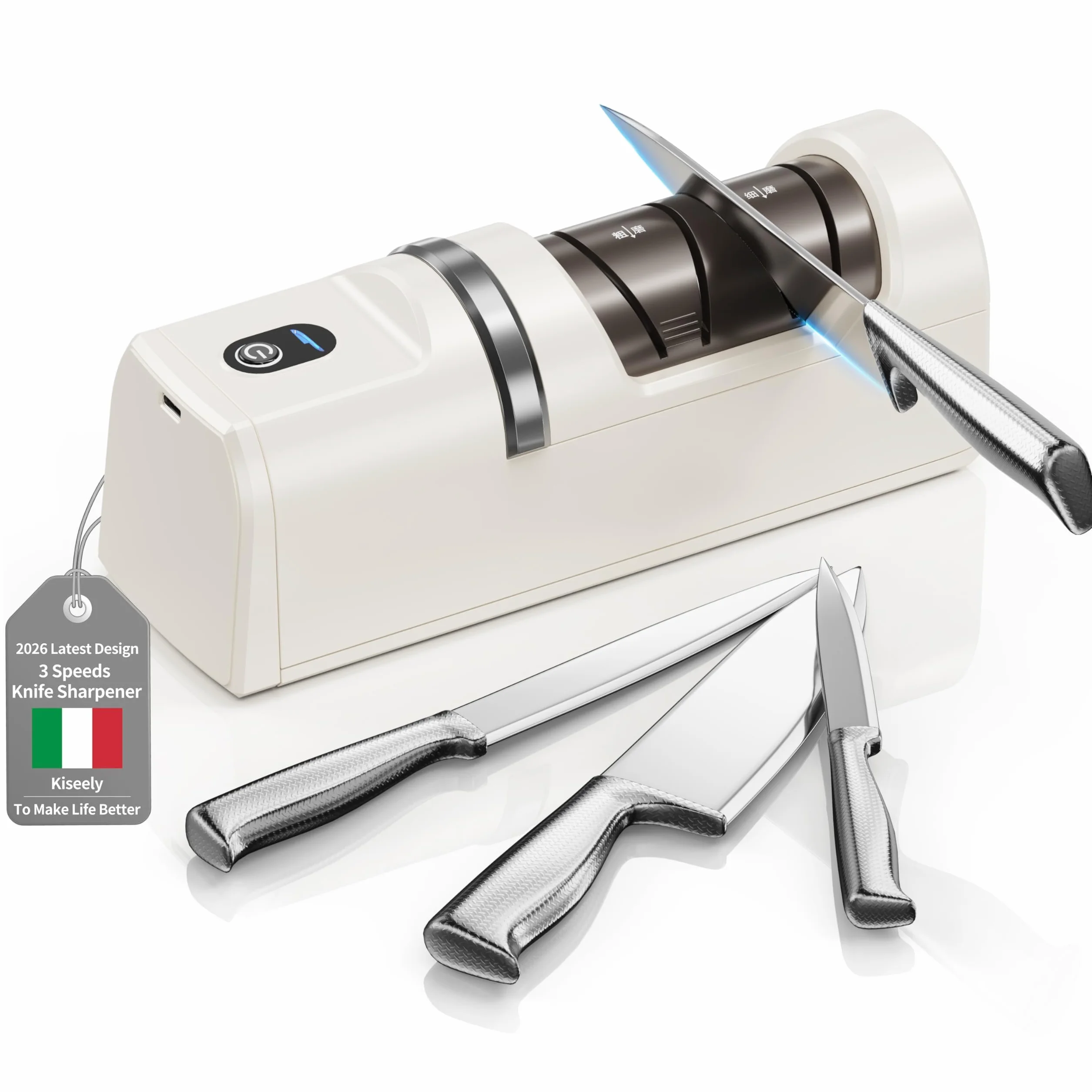 Affilacoltelli elettrico 5 in 1 3 velocità, ricaricabile con diamante per affilatura grossolana e fine