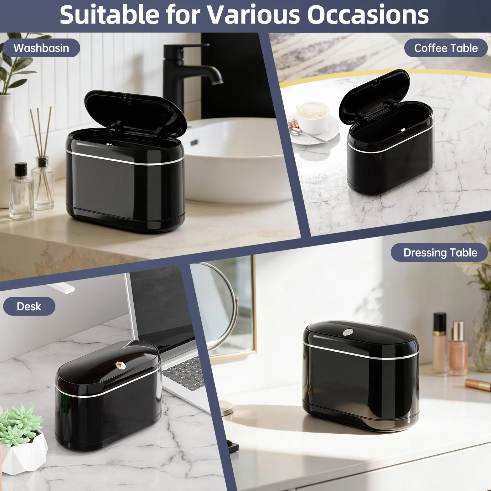 PAVSTINE Cestino da Scrivania Pop-Up a Doppia Canna, Mini Pattumiera da Tavolo con 5 Rotoli e 4 Tappetini, Nero