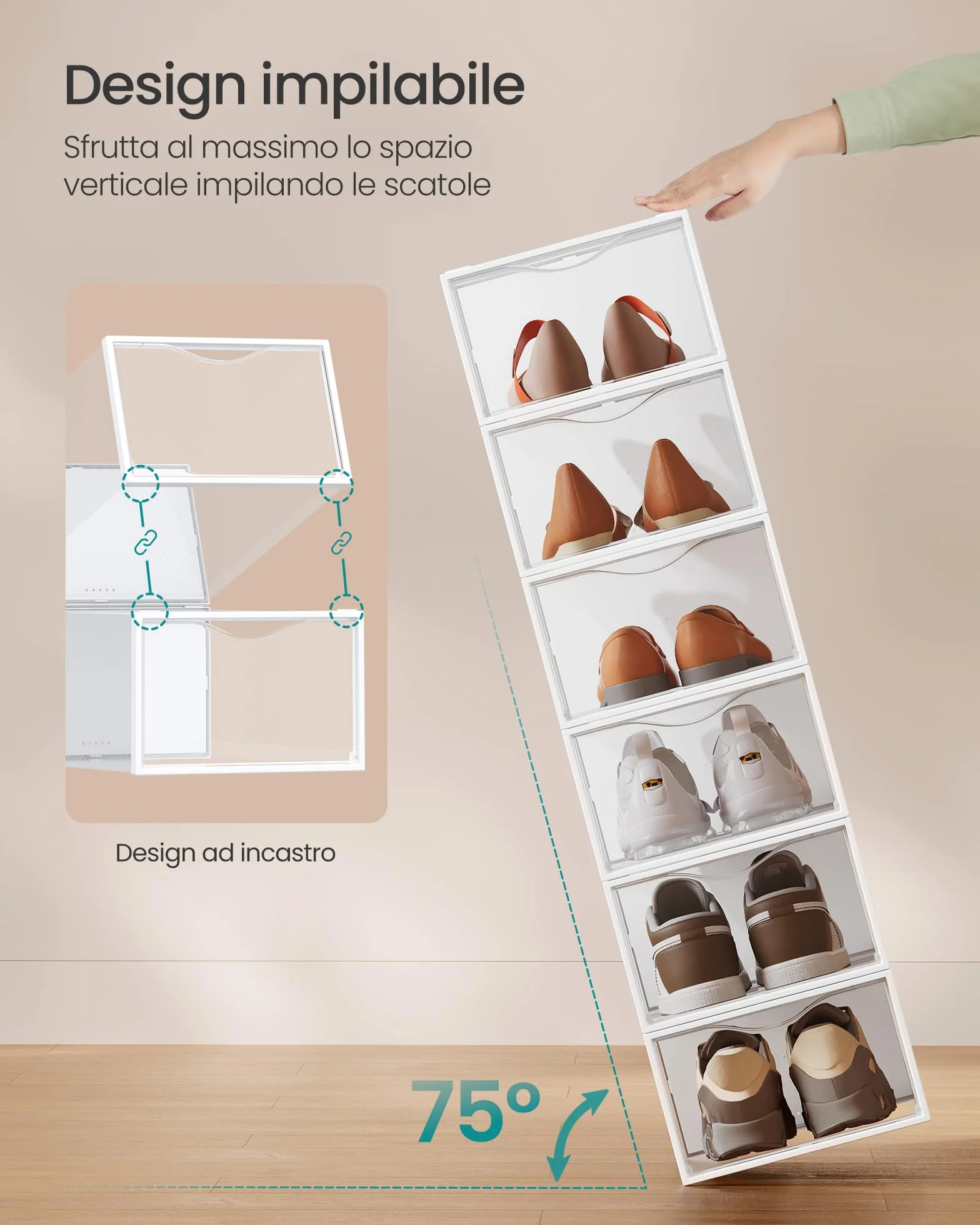 SONGMICS Scatole Contenitori per Scarpe in Plastica Trasparenti 12 Pezzi 33,2 x 23 x 14,5 cm Impilabili