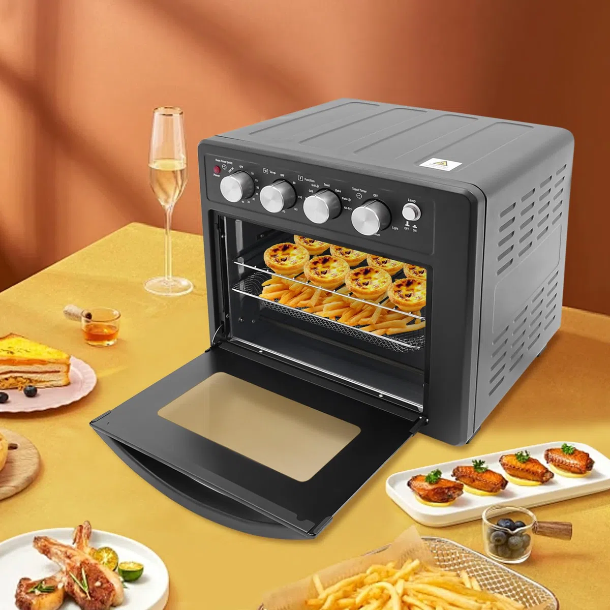 Forno elettrico da 25 l, con grande capacità, forno elettrico, friggitrice e tostapane, forno multifunzione, per famiglie, panetterie, ristoranti, snack bar, 42 x 36 x 40 cm, nero