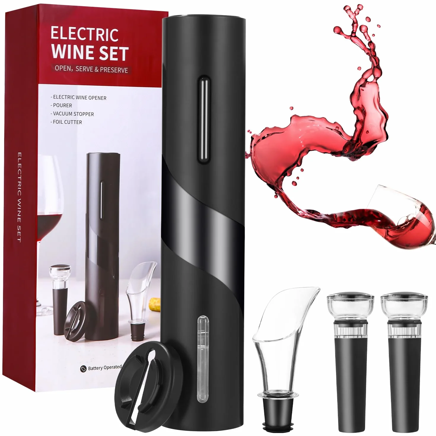 Cavatappi Elettrico Automatico Apribottiglie Vino Set con Tagliacapsule Versatore Tappo Sottovuoto a Batteria