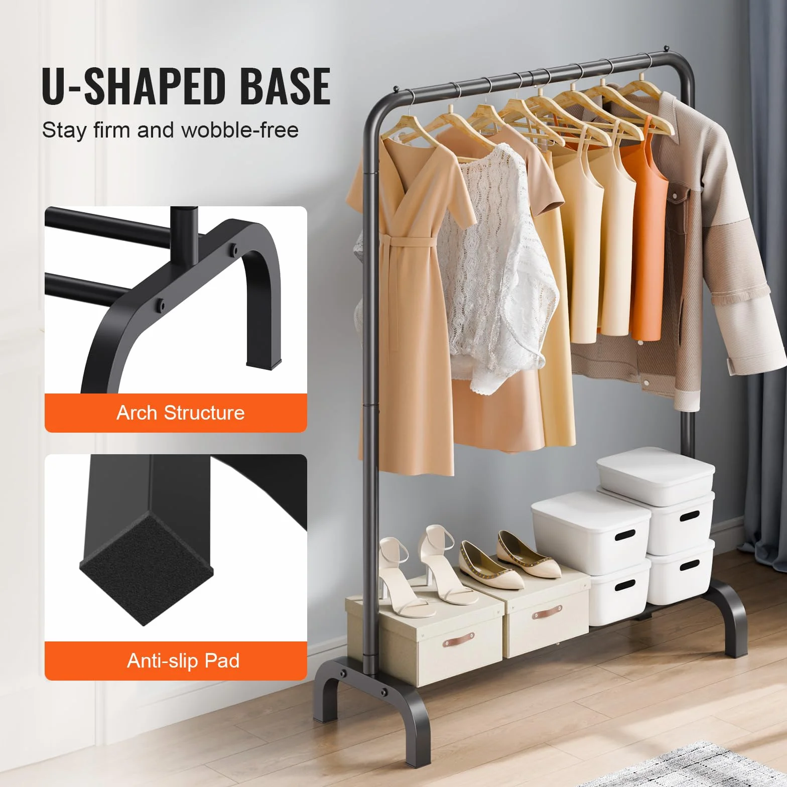 VEVOR Stand Appendiabiti Barra Singola Ripiano Singolo da Appendere per Camera da Letto Soggiorno, Appendiabiti in Acciaio al Carbonio Q235 Diametro del Tubo 25,4 mm, Stand Appendiabiti Peso di 2,9 kg