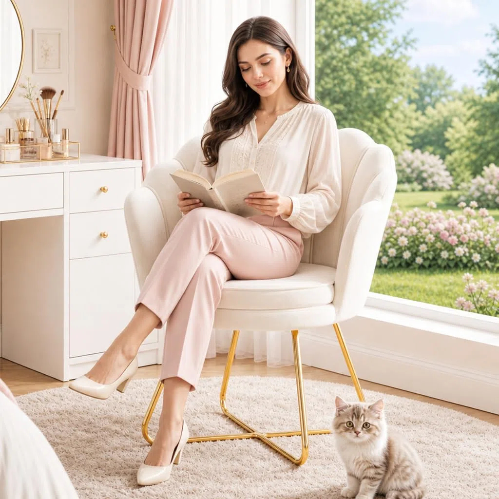 Hellove Sedia Trucco, Poltrona Conchiglia in Velluto con Placcato Oro Metallo Gambe, Moderno Poltrona Salotto con Seduta Morbida Imbottita per Camera da letto/Soggiorno/Vanità, Beige