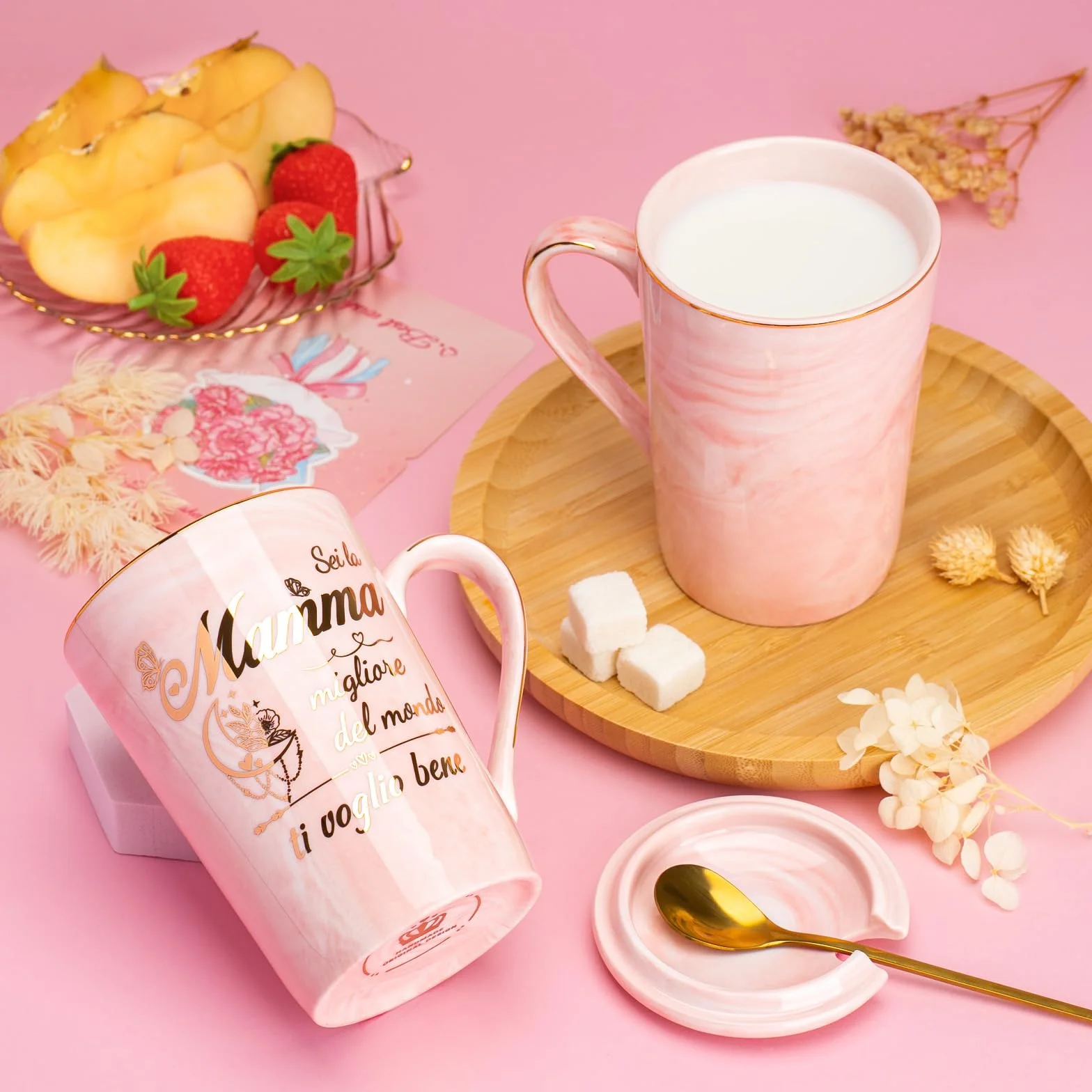 Tazza 400ml Ceramica Marmorizzata Rosa Regalo Mamma Compleanno Natale con Coperchio e Cucchiaio