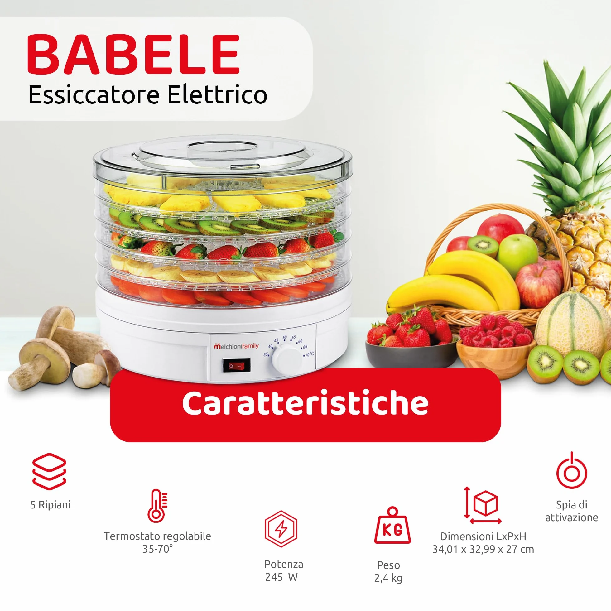 Melchioni Family | Essiccatore Elettrico BABELE, Essiccatore Alimentare Multiuso, 5 Ripiani Impilabili e Removibili, Potenza 250W, Temperatura Regolabile 40-70°C