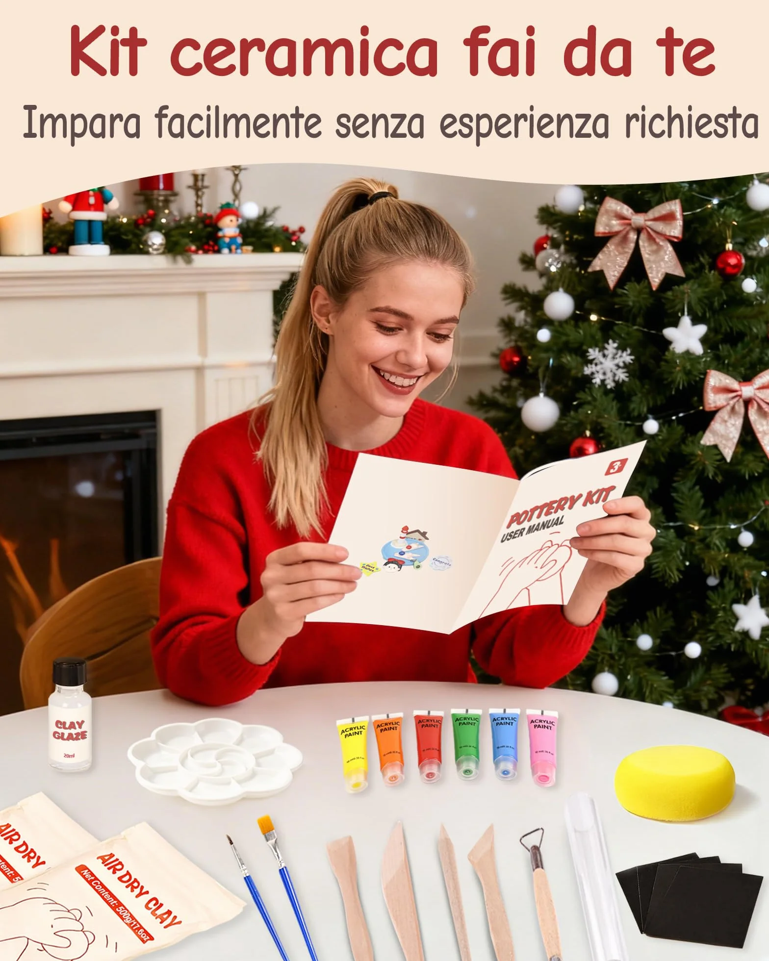 Kit Argilla Senza Cottura 1 kg con Vernice Lucida Trasparente e 6 Attrezzi Ceramica per Principianti e Adulti