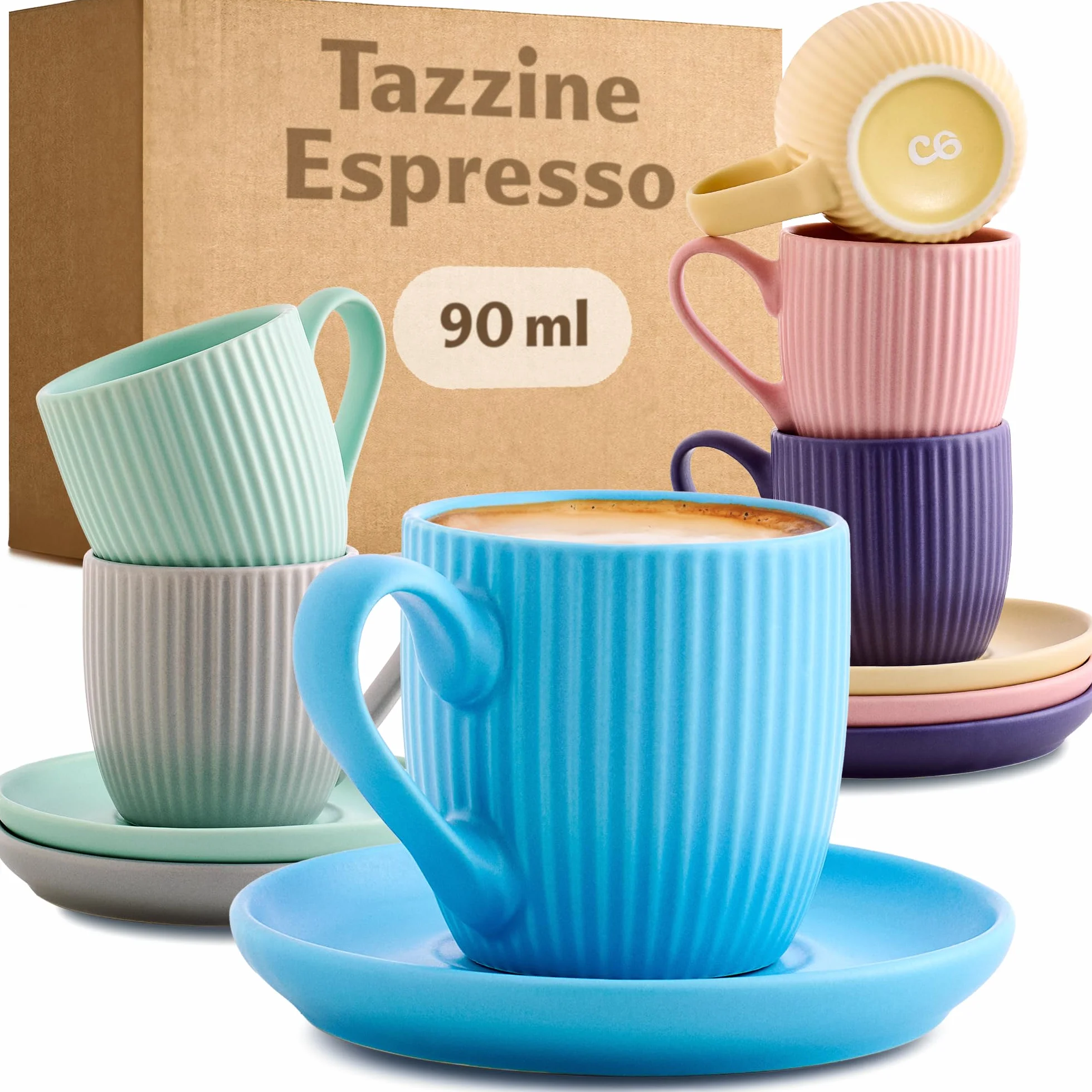 Tazzine Caffe Espresso Moderne con Piattino 6 Tazze 90ml Ceramica Colorate Opaca Lavabili in Lavastoviglie