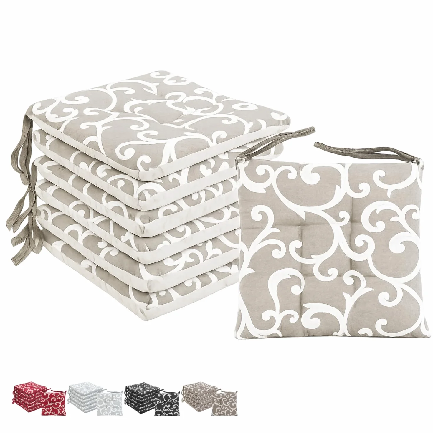 VIRSUS Set 6 Cuscini per Sedie a 4 Punti 40x40 cm, Coprisedia da Cucina con Lacci, Imbottitura Poliestere e Rivestimento Cotone, Made in Italy Beige Fantasia