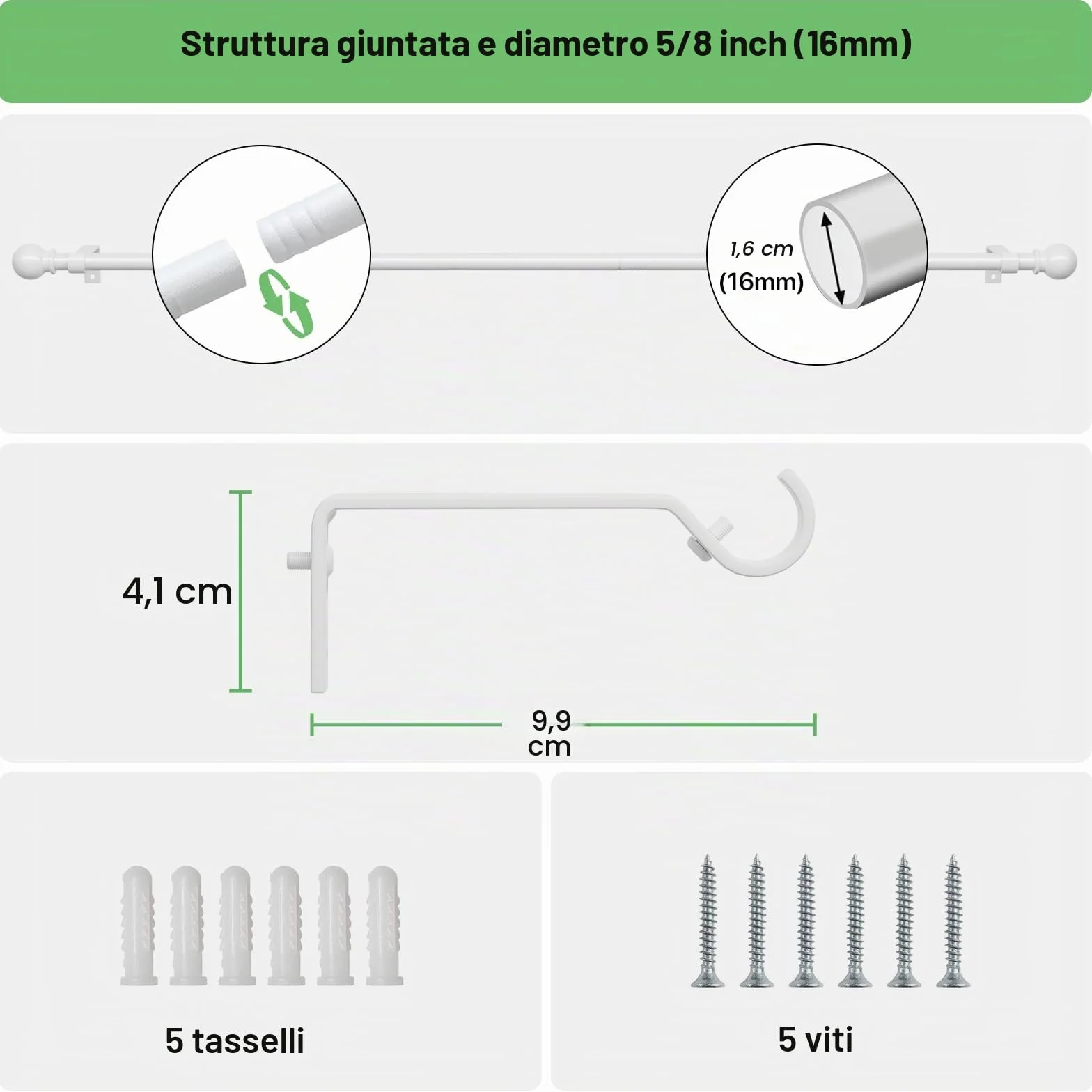 Bastone tenda 3 metri bianco metallo regolabile 5/8 diametro 80-300 cm set con staffa