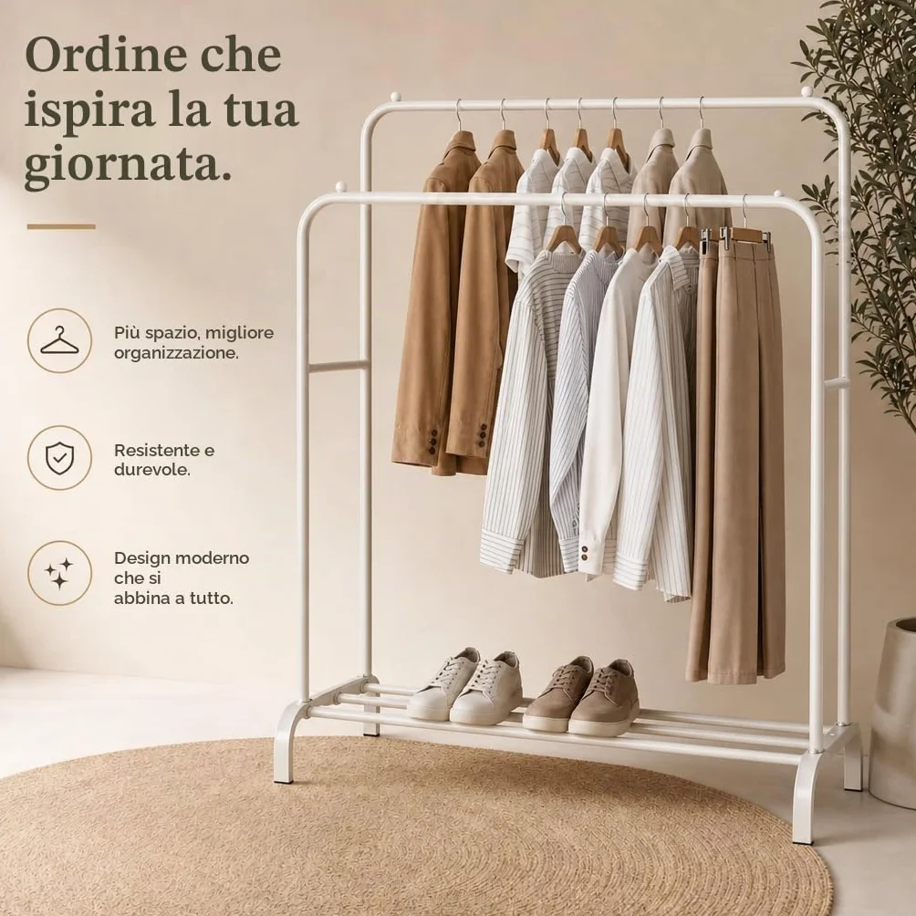 edihome Doppio Appendiabiti da Terra 110 x 150 x 54 cm Metallico con Supporto per Scarpe Bianco