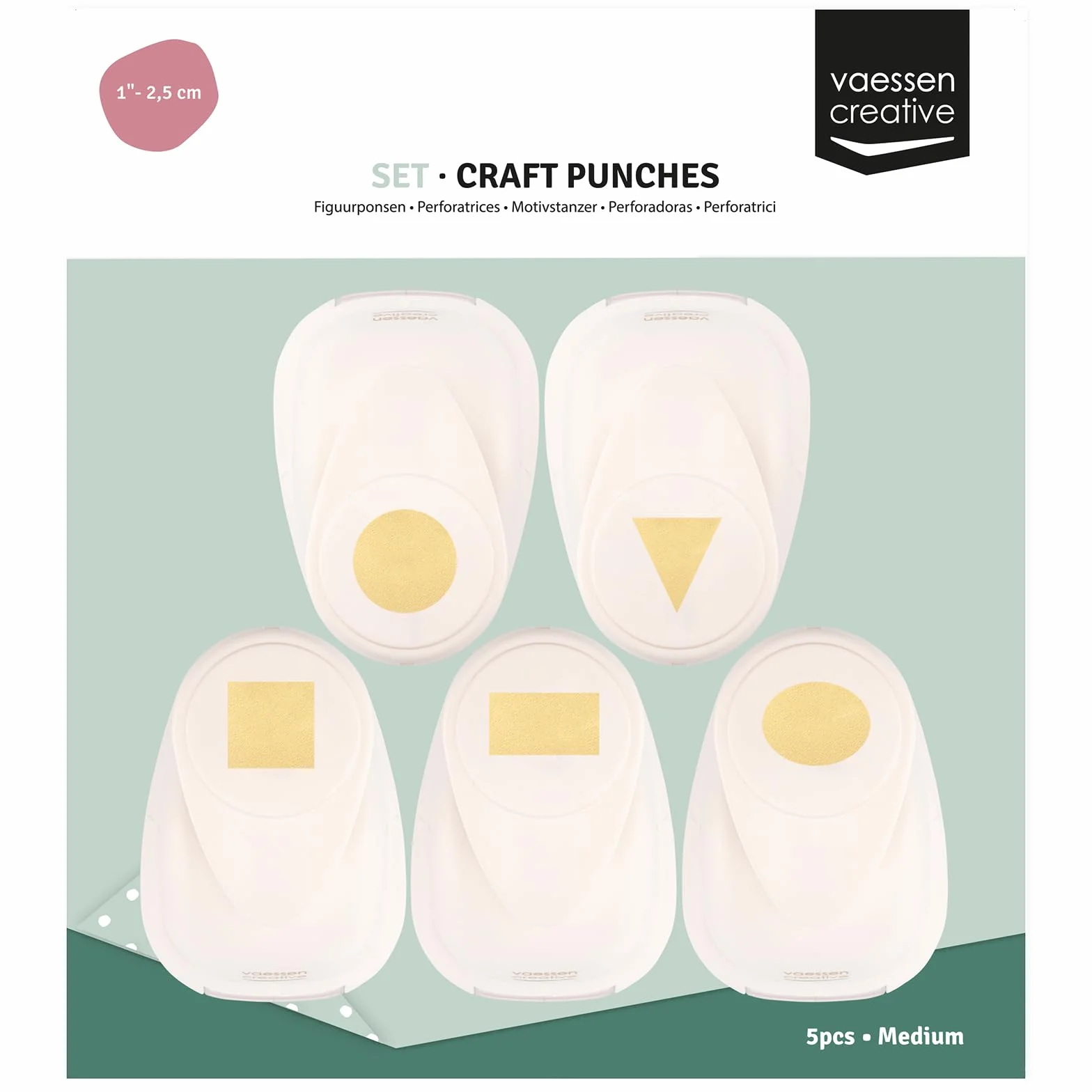 Vaessen Creative Fustellatrice per Carta Set 5 pz-Forme Geometriche-Ø, 2 x 1,9 cm, 1,8 cm, 2,3 1,8 x 2,5 cm-Accessori per Fai da Te, Scrapbooking e Biglietti, Bianco-Oro, Vari, 5 unità