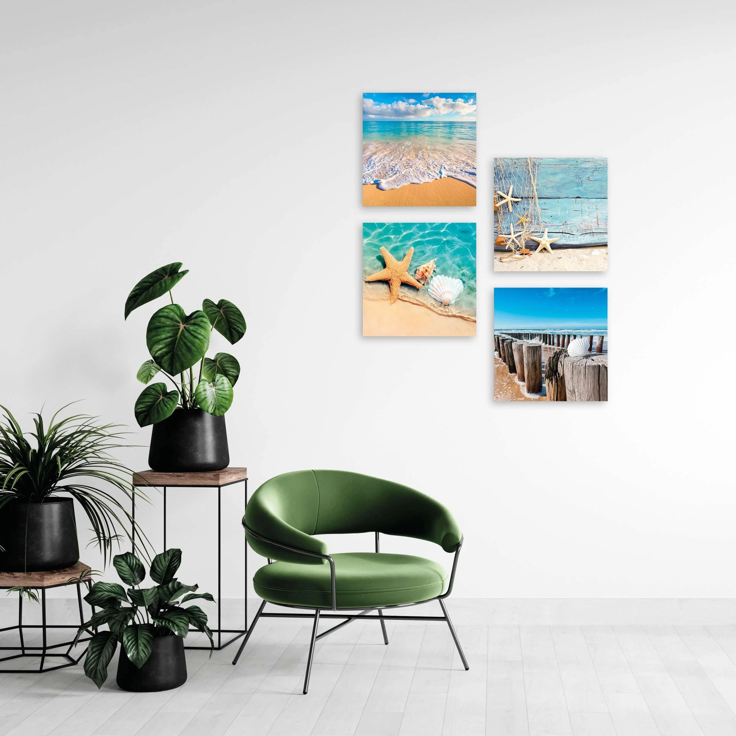LuxHomeDecor Set di 4 Quadri 30x30 cm - Stampa su Tela con Telaio in Legno - Mare e Spiaggia con Conchiglie, Stelle Marine e Paesaggi Marini Rilassanti