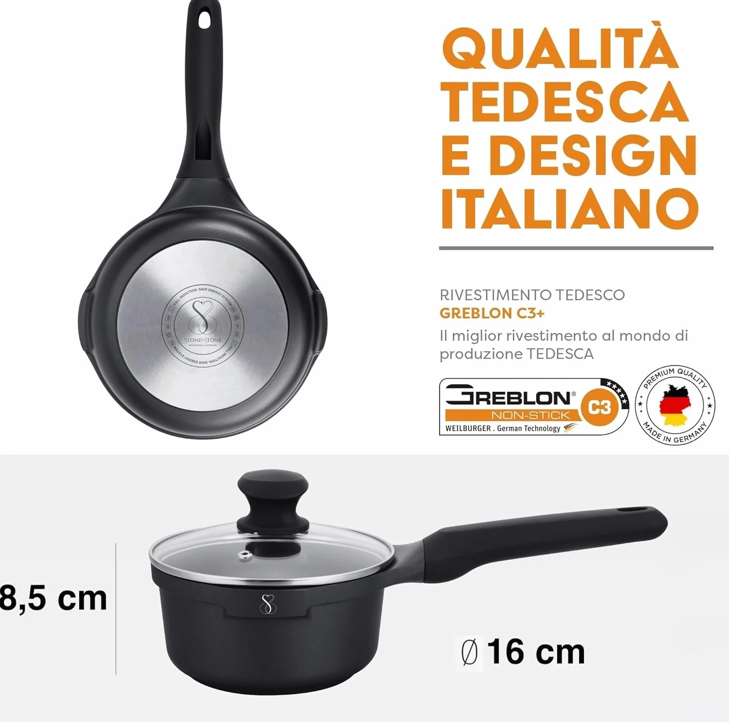 Stone&Stone Pentolino 16cm da latte/brodo a induzione totale alluminio acciaio professionale estremamente antiaderente sviluppata con tecnologia tedesca piccola pentola casseruola