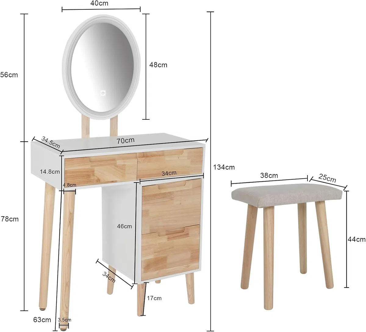 YU YUSING Toeletta con Luci LED, Tavolo da Trucco con Specchio e Sgabello, 4 cassetti e Comodino Rimovibile, Postazione da Trucco, Comodino Camera da Letto, Consolle da Trucco