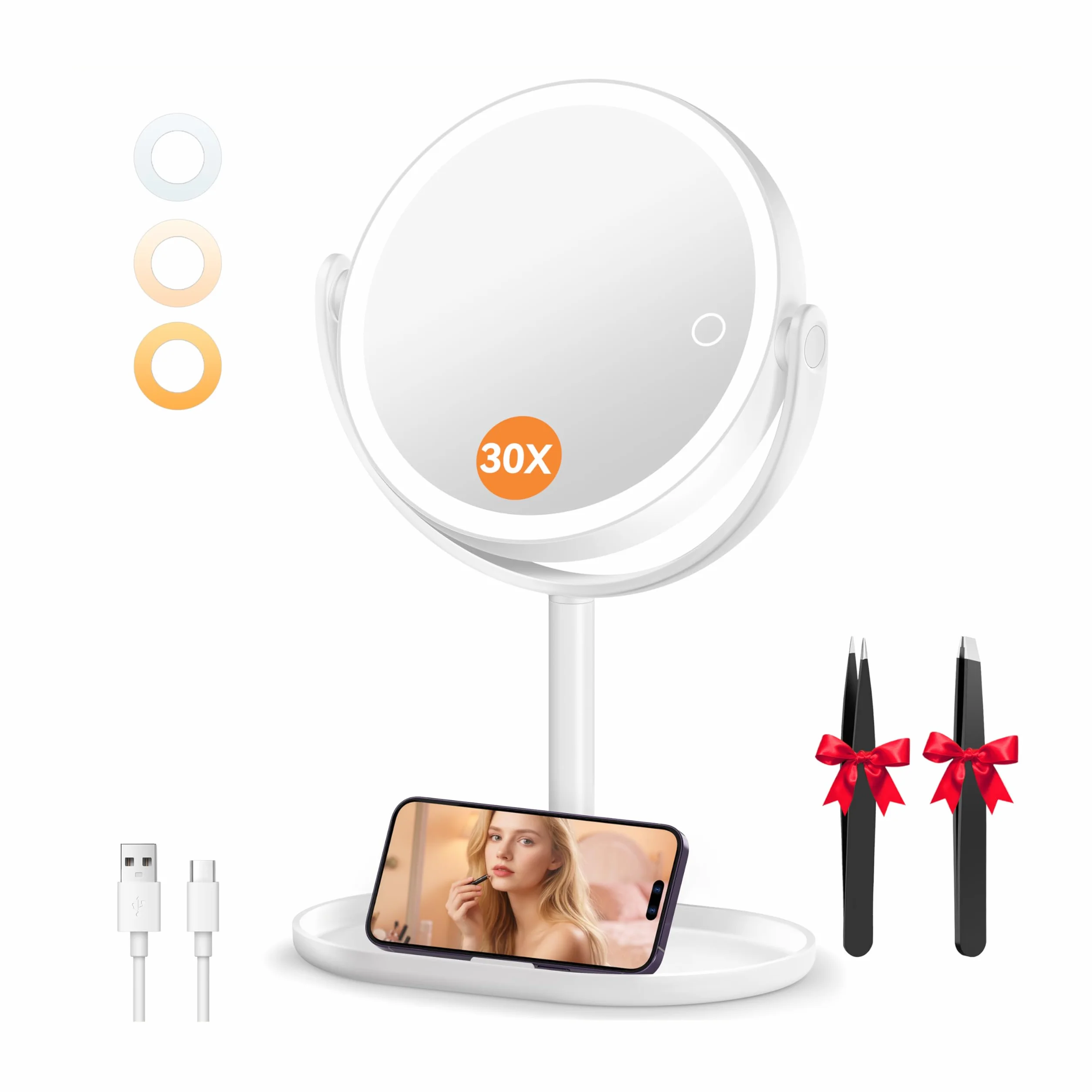 Auxmir Specchio Trucco con Luci 30X/1X Bifacciale, Specchio Ingranditore 8", Specchio da Tavolo Ricaricabile 2000mAh, 3 Colori di Luci 64 LED Rotazione a 360° Smontabile per Camera da Letto, Viaggio