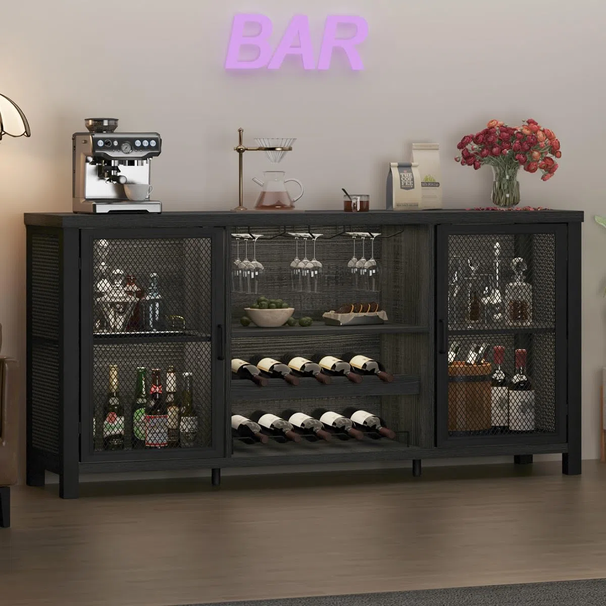 Launica Armadietto da bar per liquori, armadietto industriale per vino, credenza rustica, per liquori e bicchieri, con scaffale, per casa, cucina, sala da pranzo, rovere grigio scuro, 140 cm