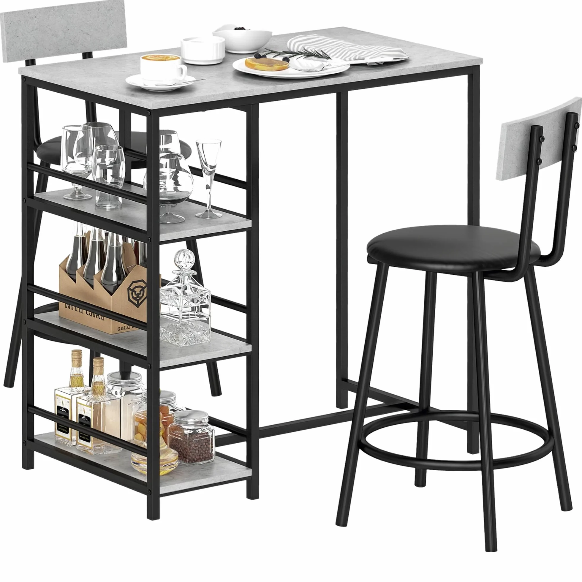 HOMCOM Set Tavolo Bar con 2 Sgabelli, Bancone Bar con 3 Ripiani, Tavolo Alto con Sgabelli Bar con Schienale, Tavolino Bar per Pranzo, Soggiorno e Cucina, Grigio Chiaro