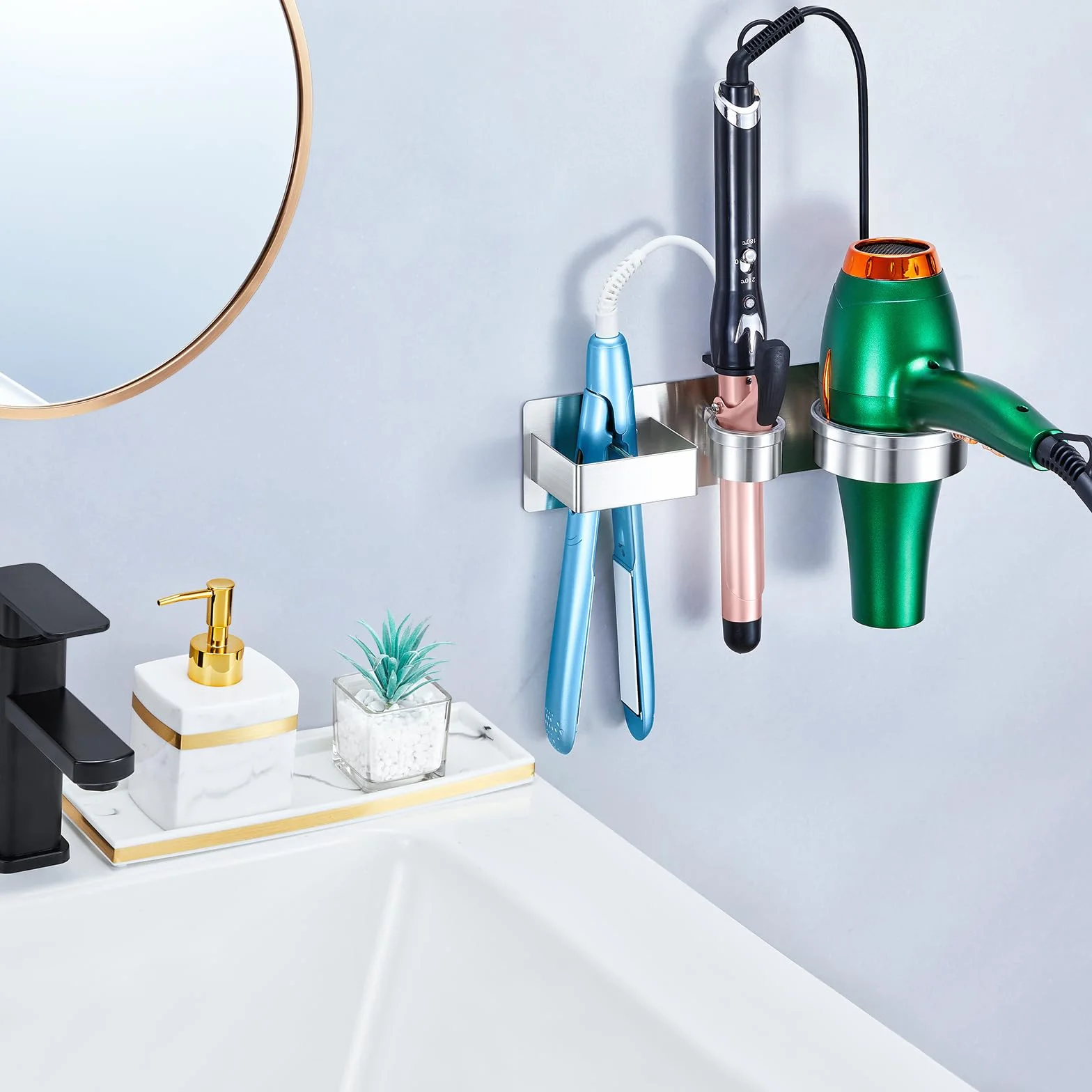 Porta Phone Bagno Da Muro, 3 in 1 Supporto per Phon, Piastra e Ferro Arricciacapelli, Porta Asciugacapelli, porta phon e Piastra Adesivo, Supporto Phon per Camere da Letto