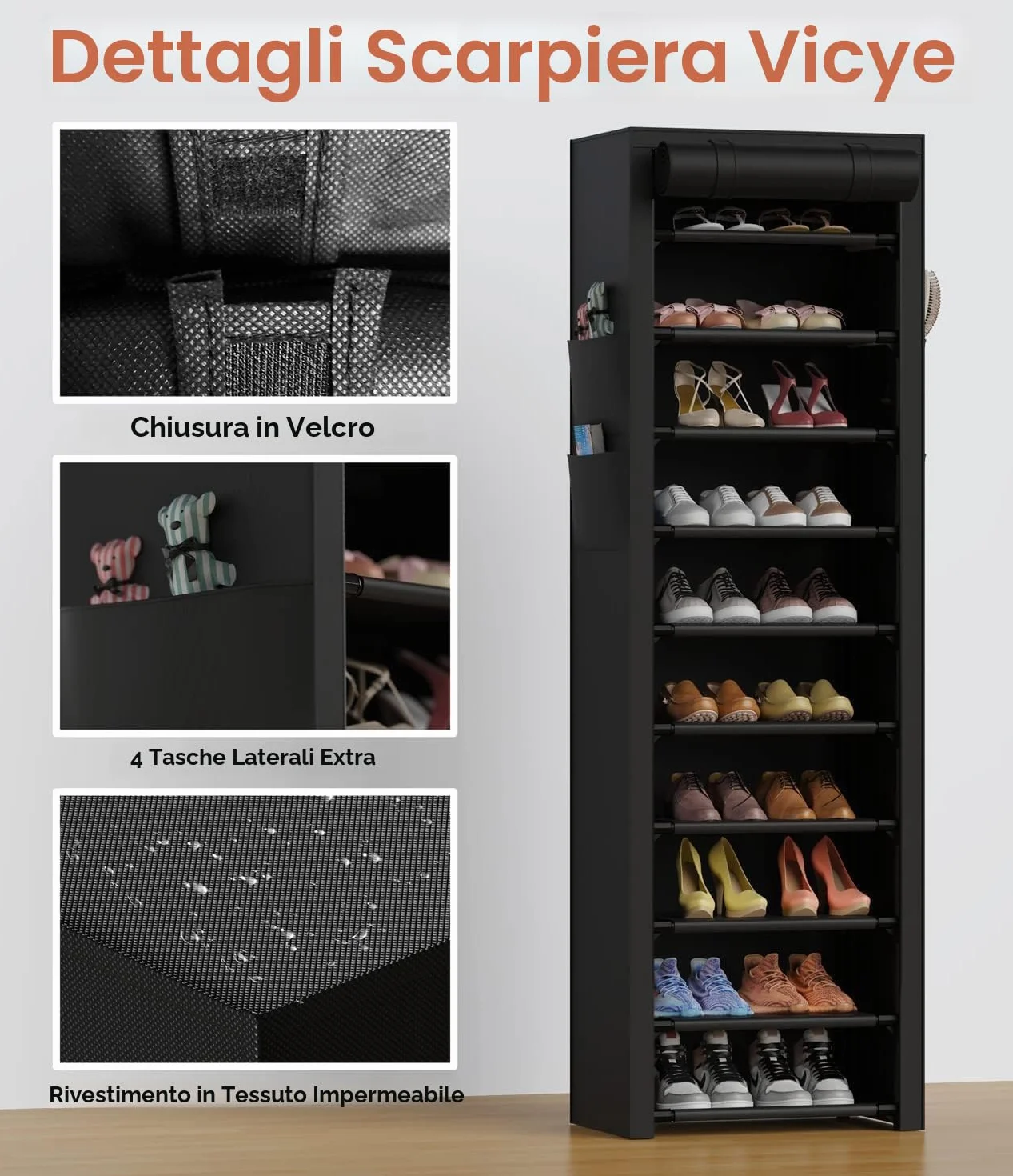Vicye Scarpiera 11 Ripiani Copertura Antipolvere Impermeabile Slim Tessuto per 20-22 Paia Scarpe Nera