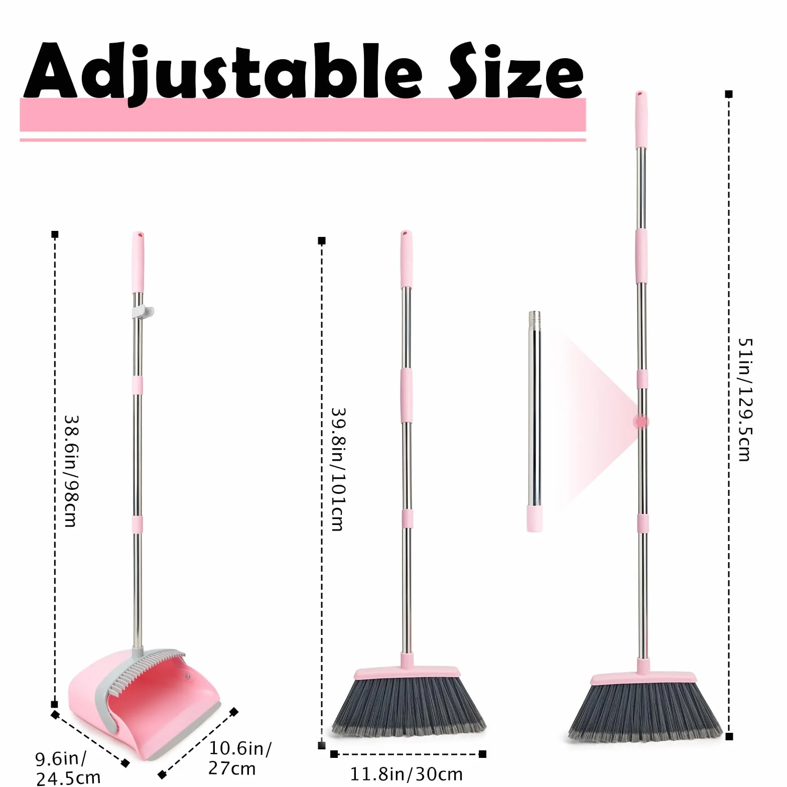 Set di scope e paletta con manico lungo, scopa con paletta, set con manico estraibile, paletta Broom and Dustpan, per la pulizia della casa, ufficio (grigio-rosa)