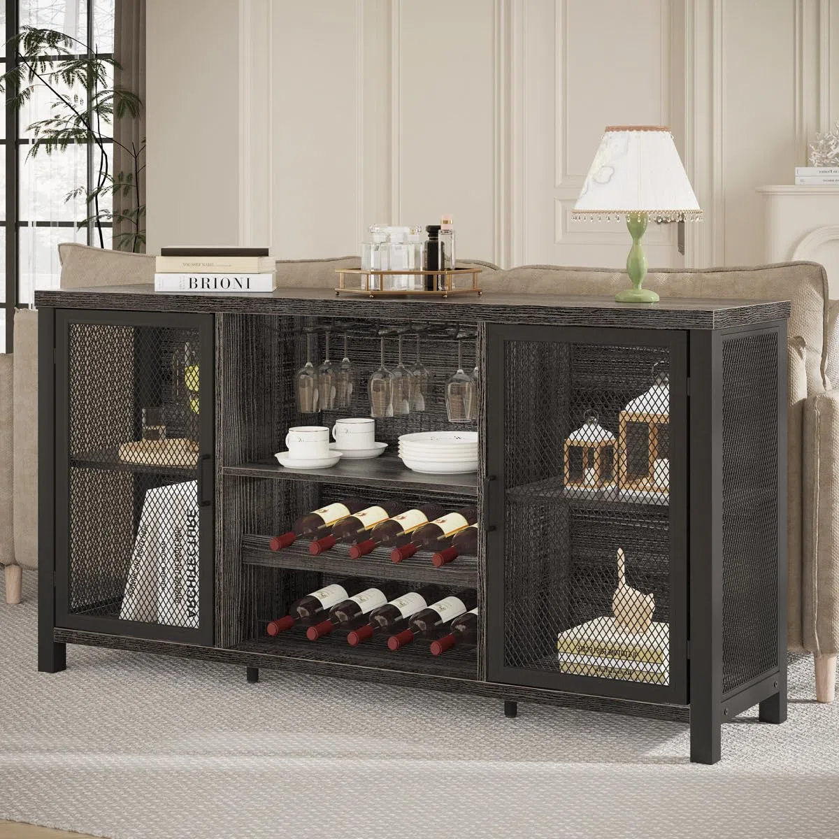 Launica Armadietto da bar per liquori, armadietto industriale per vino, credenza rustica, per liquori e bicchieri, con scaffale, per casa, cucina, sala da pranzo, rovere grigio scuro, 140 cm