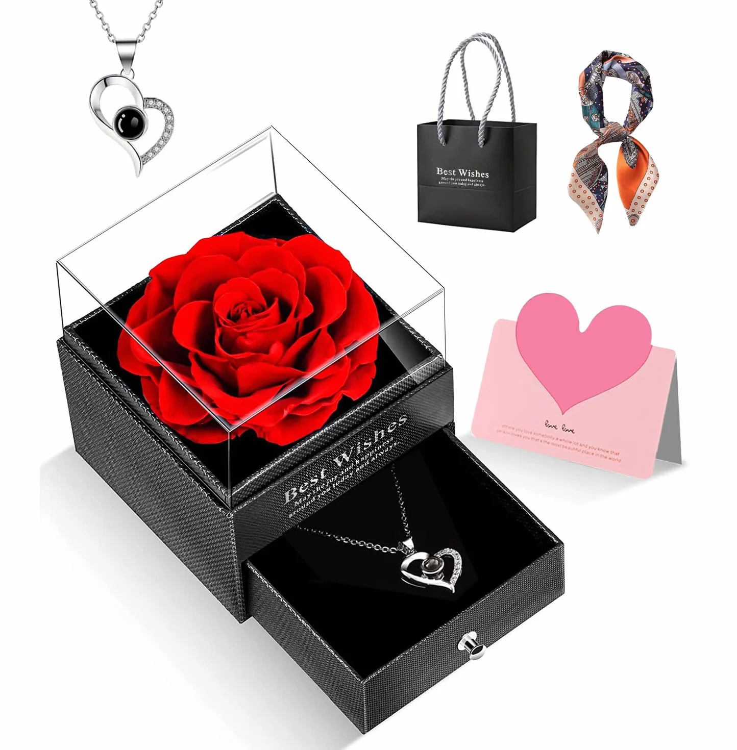 GOICC Rosa Eterna Collana Regalo per Lei I Love You Festa della Mamma San Valentino Compleanno Anniversario (Rosso)