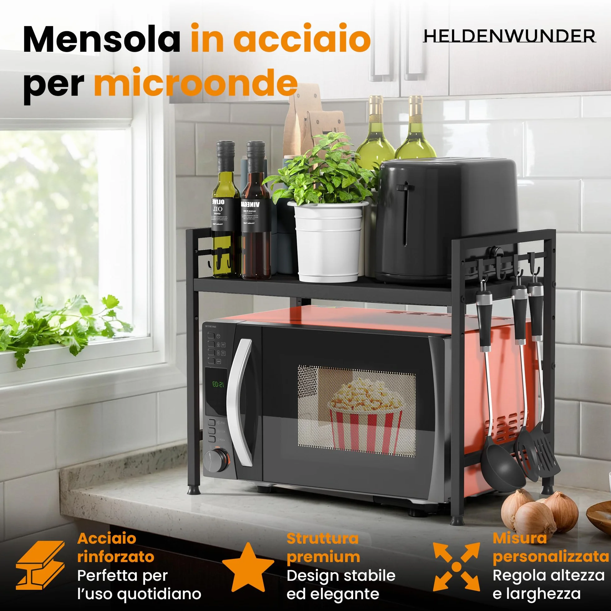 Heldenwunder Mensola Mobile Cucina Salvaspazio Acciaio 2 Ripiani Organizer Forno Mobiletto Supporto Microonde Regolabile Nero