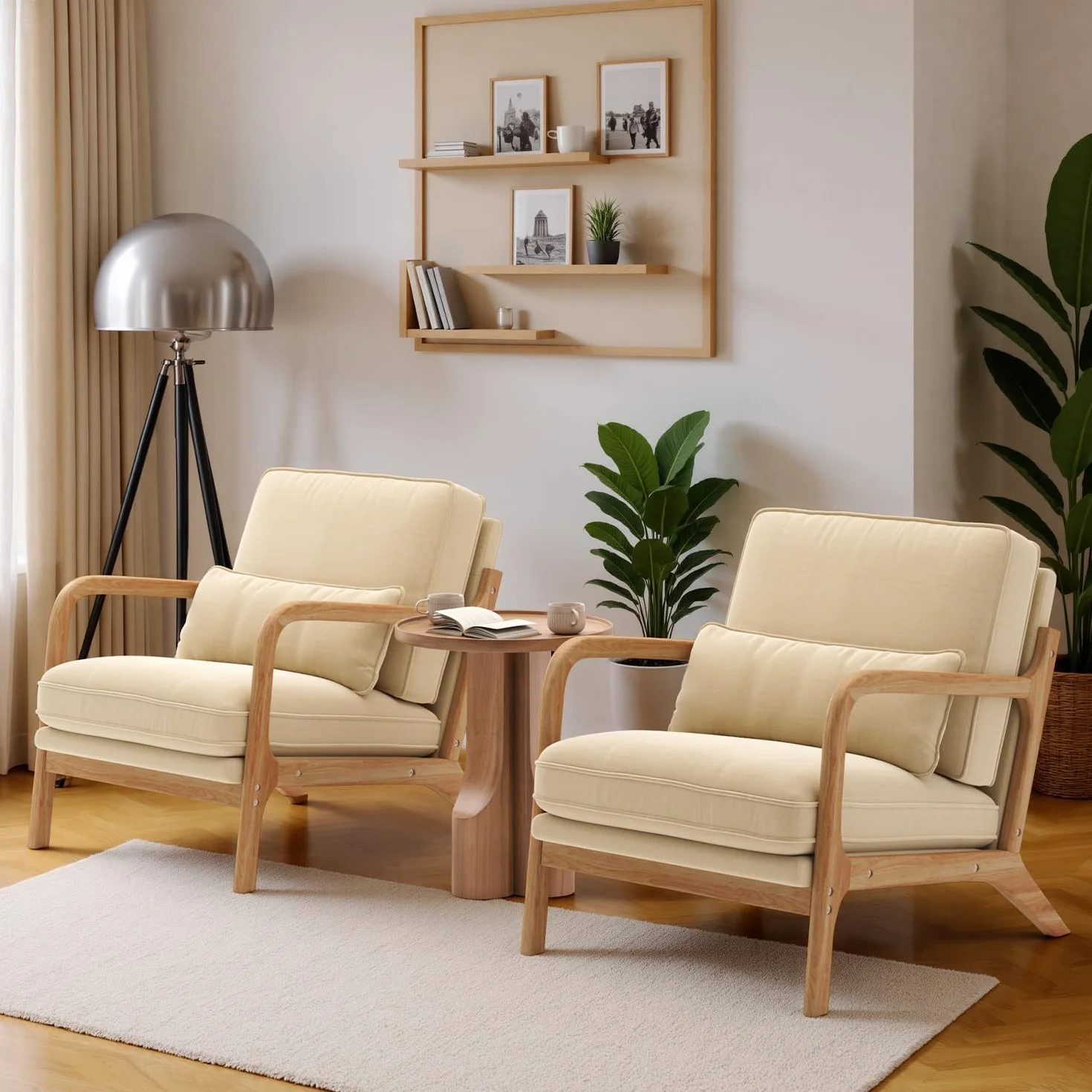 Poltrona da Salotto in Legno di Caucciù,Poltroncina Camera da Letto,con Cuscino Sfoderabile e Schienale con Braccioli con cuscino lombare,82 x 65 x 75CM, Beige