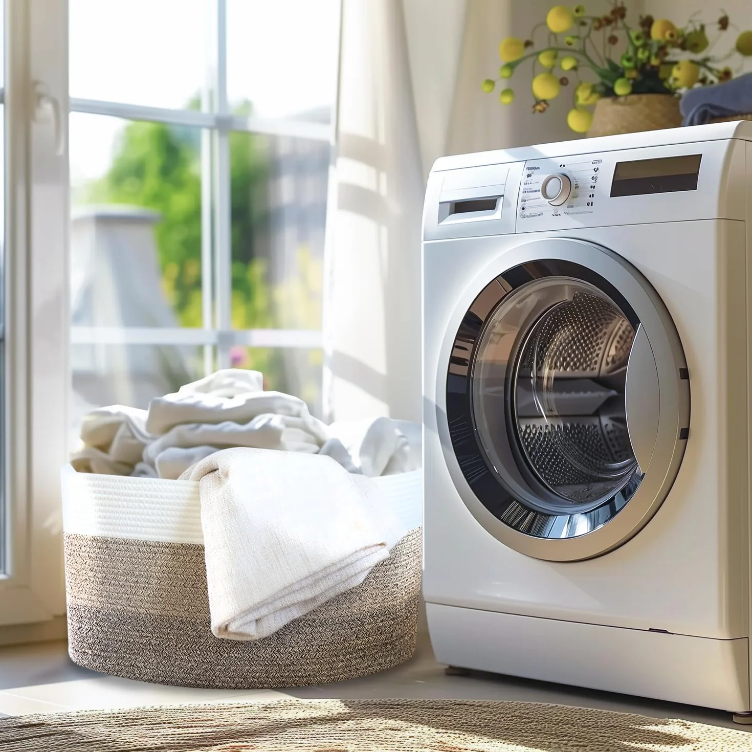 Cesto portabiancheria in cotone angolare con manici 55 x 43 x 30 cm Bianco-Marrone