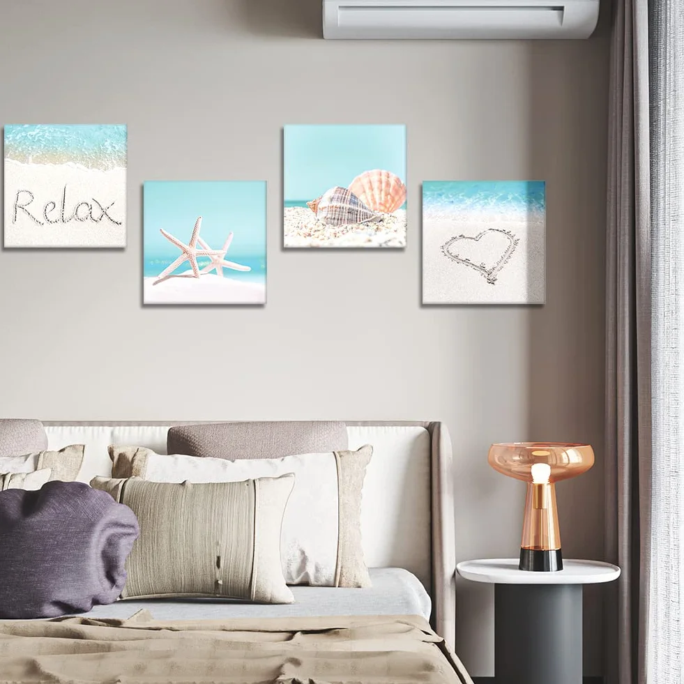Artscope Stampe e Quadri su Tela 4 pz. Crostacei e Spiagge Immagine Fotografia Murale Tela Wall Art Bel Regalo per Home Decor Ristorante Cucina Regalo di Anniversario Compleanno 30x30CM
