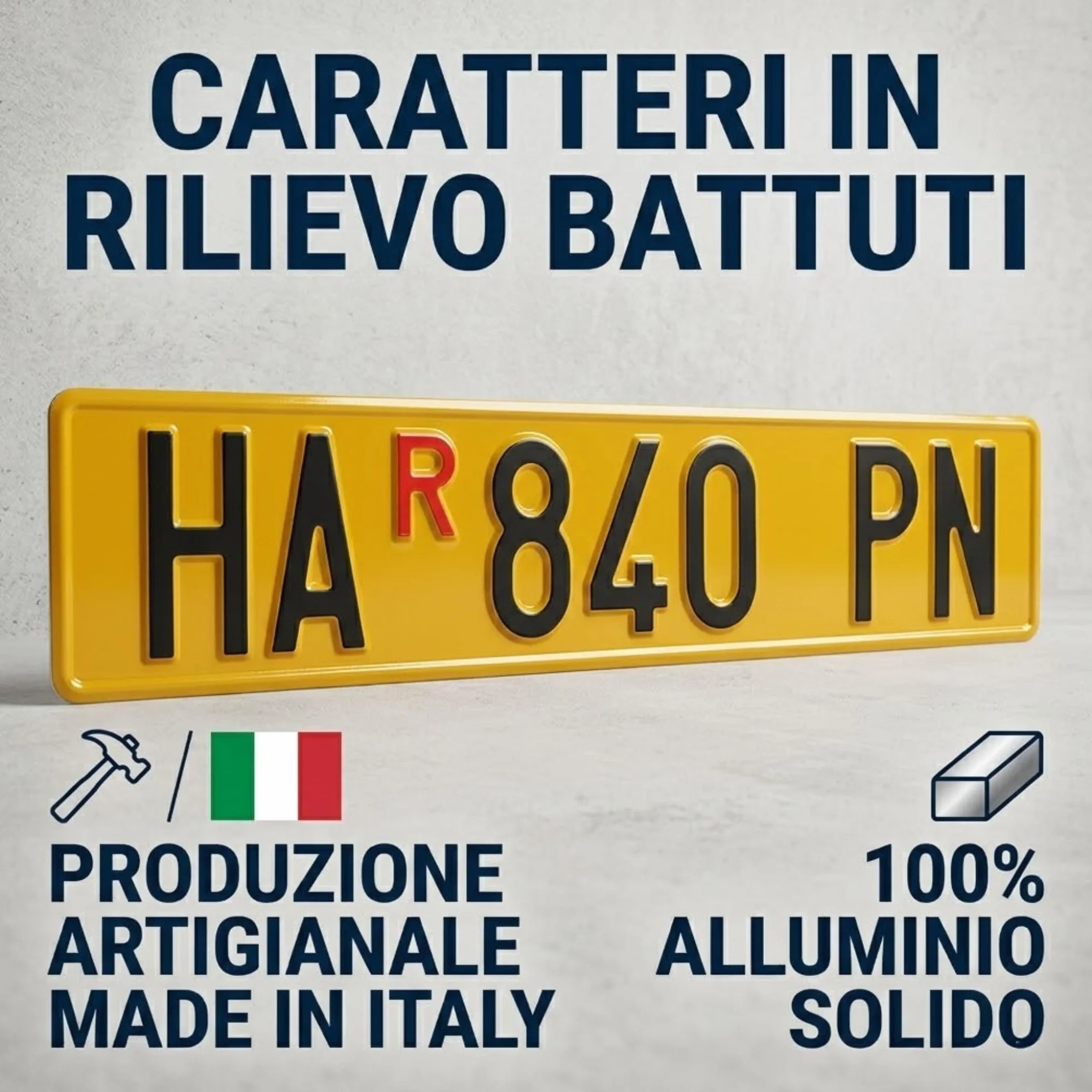 Targa Ripetitrice Battuta in Alluminio Catarifrangente, Made in Italy - Targa Personalizzabile Gialla con Caratteri in Rilievo Punzonati, Dimensioni Originali, Caratteri Omologati e R Rossa Inclusa