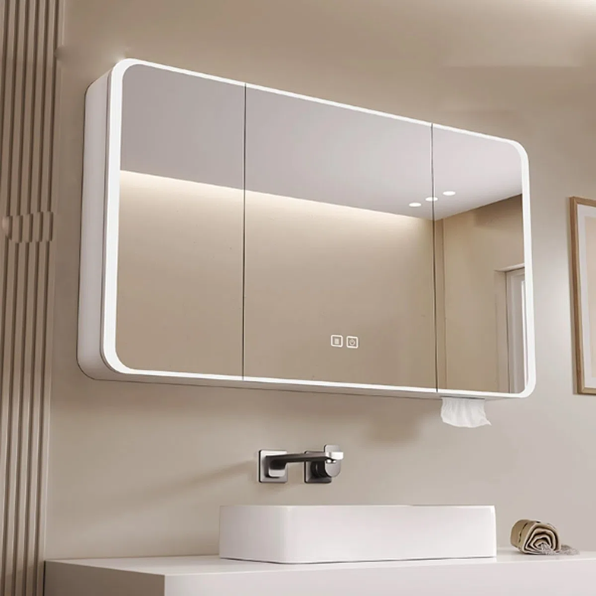 Specchio da bagno intelligente con luce anti-appannamento, trucco, attenuazione continua, interruttore tattile, ad alta definizione, montaggio a parete