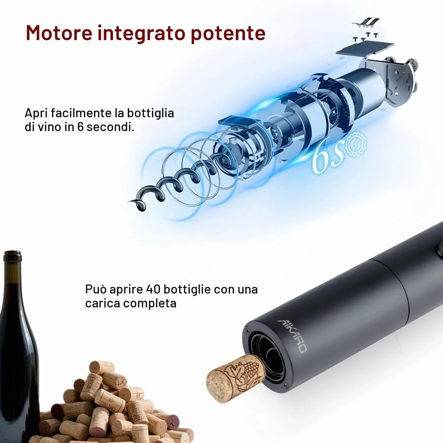 AIKARO Cavatappi Elettrico Automatico Ricaricabile per Vino