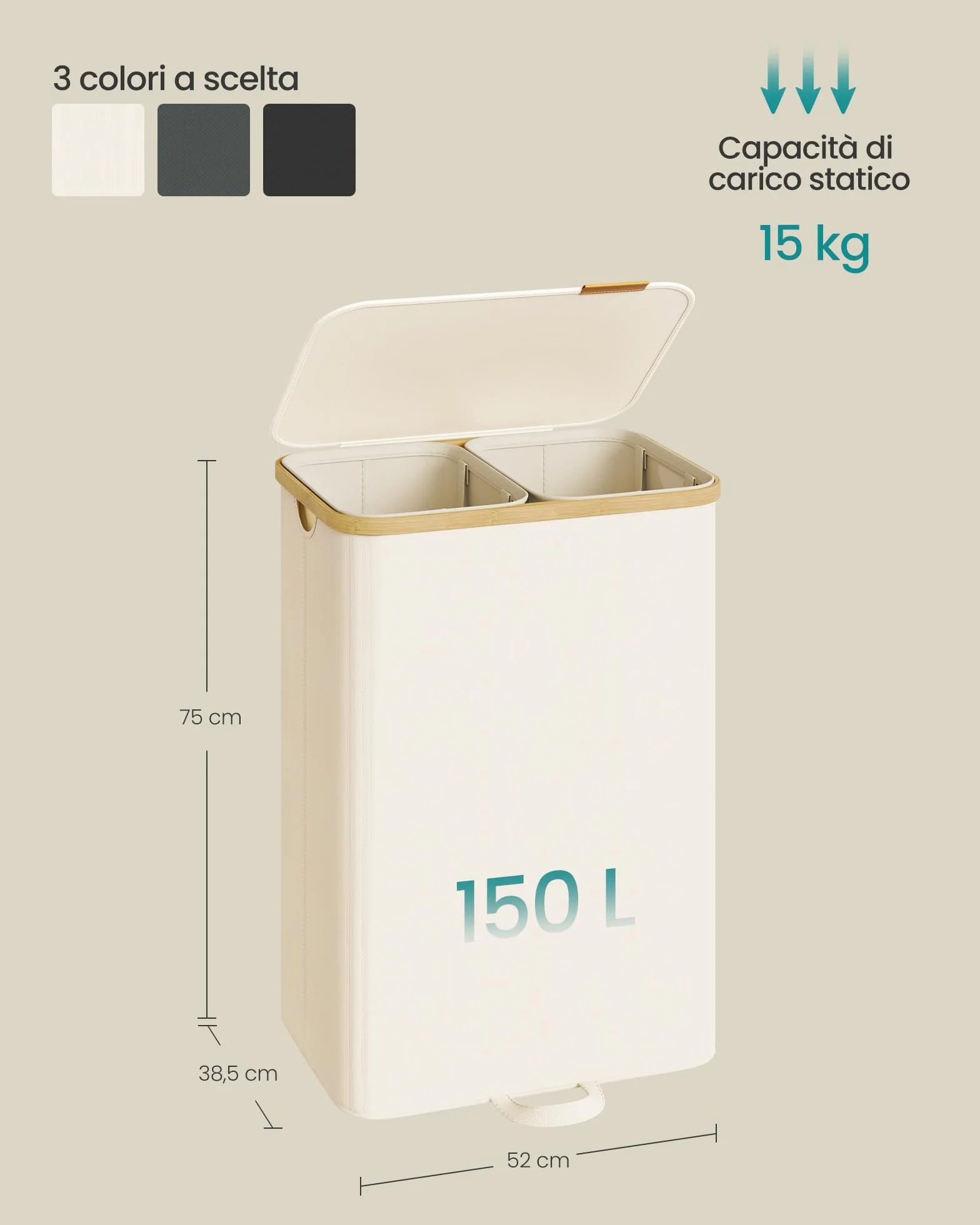 SONGMICS Cesto Portabiancheria con Coperchio, 2 Scomparti, 150 L, Bianco Crema LCB532WD01