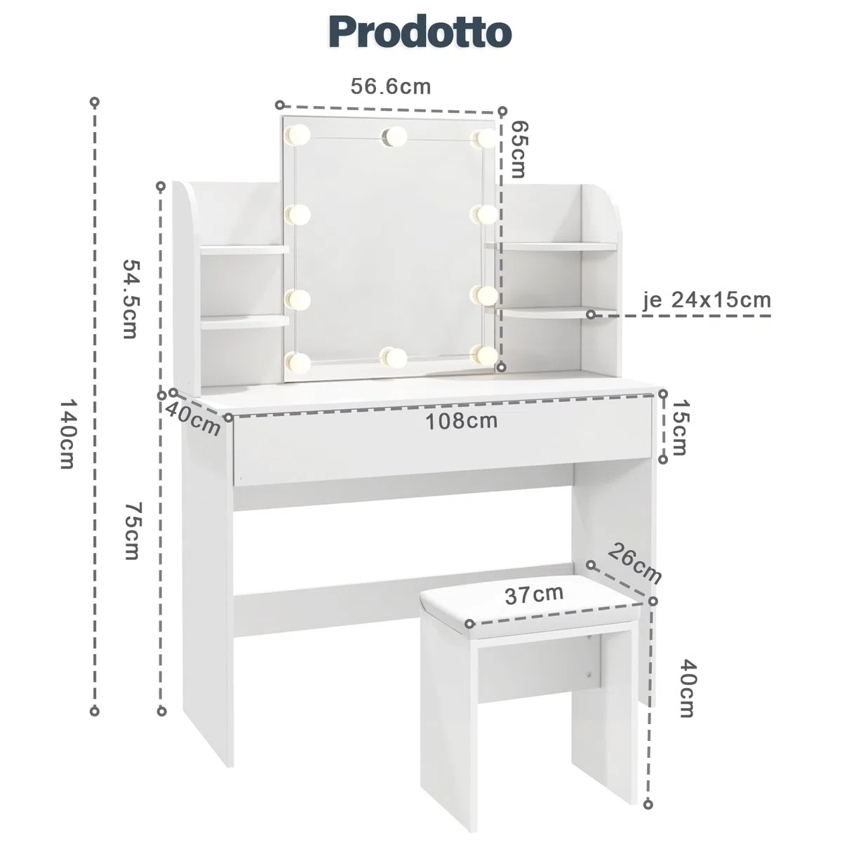 SONNI Toeletta Trucco con Luci, Tavolo da Trucco con Specchio e Sgabello,con Lampadine Luce a 3 Toni Luminosità Regolabile LED 108x40x140cm Bianco