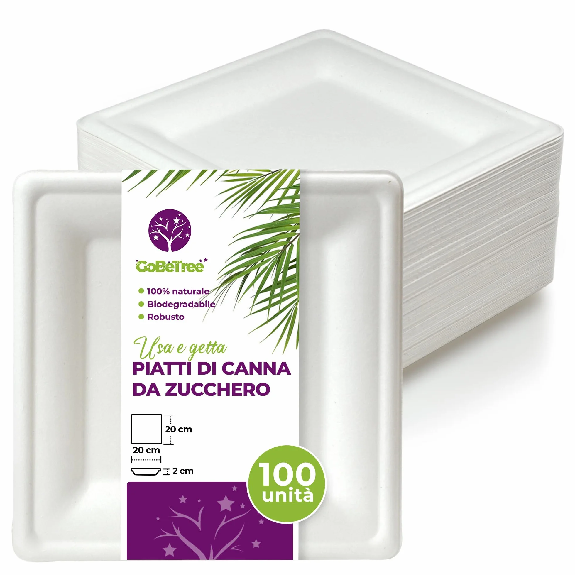 GoBeTree 100 piatti quadrate in canna da zucchero 20 cm bianchi monouso extra resistenti