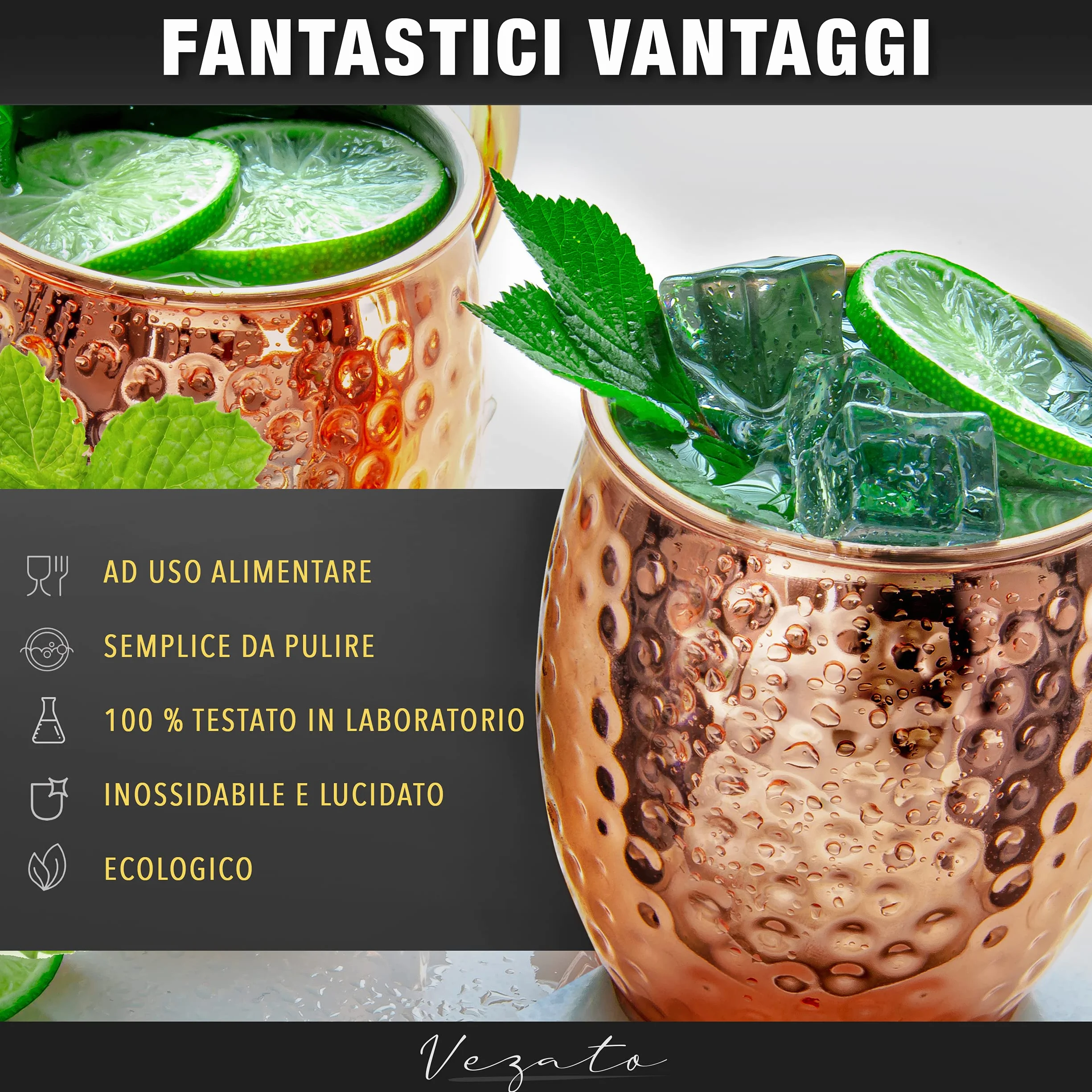 Vezato Moscow-Mule Tazza Rame Martellato Set 4 Pezzi Antiruggine