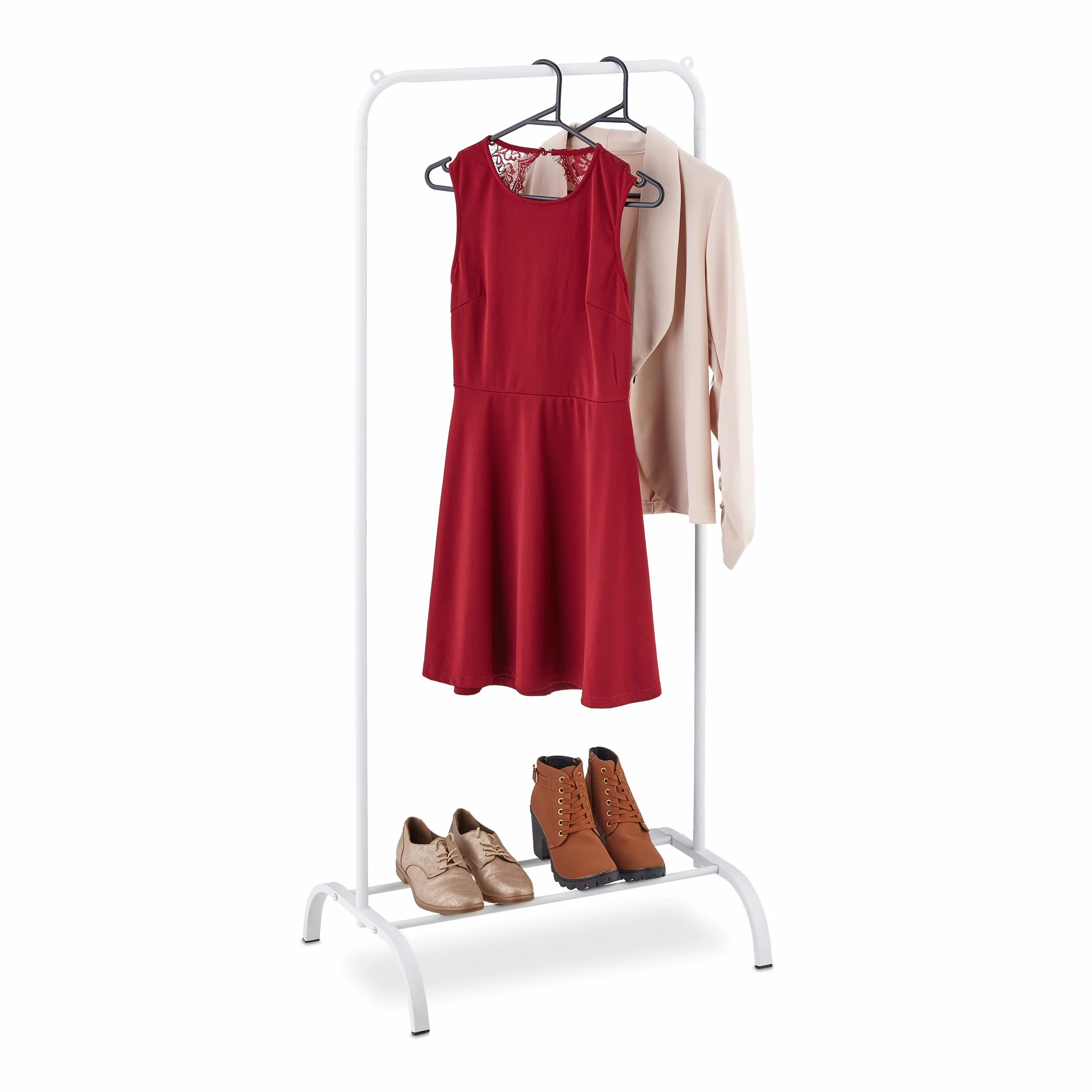 Relaxdays Stand Appendiabiti con Ripiano Porta Scarpe, Asta Attaccapanni da Camera e Ingresso, HLP: 144x60x44 cm, Bianco